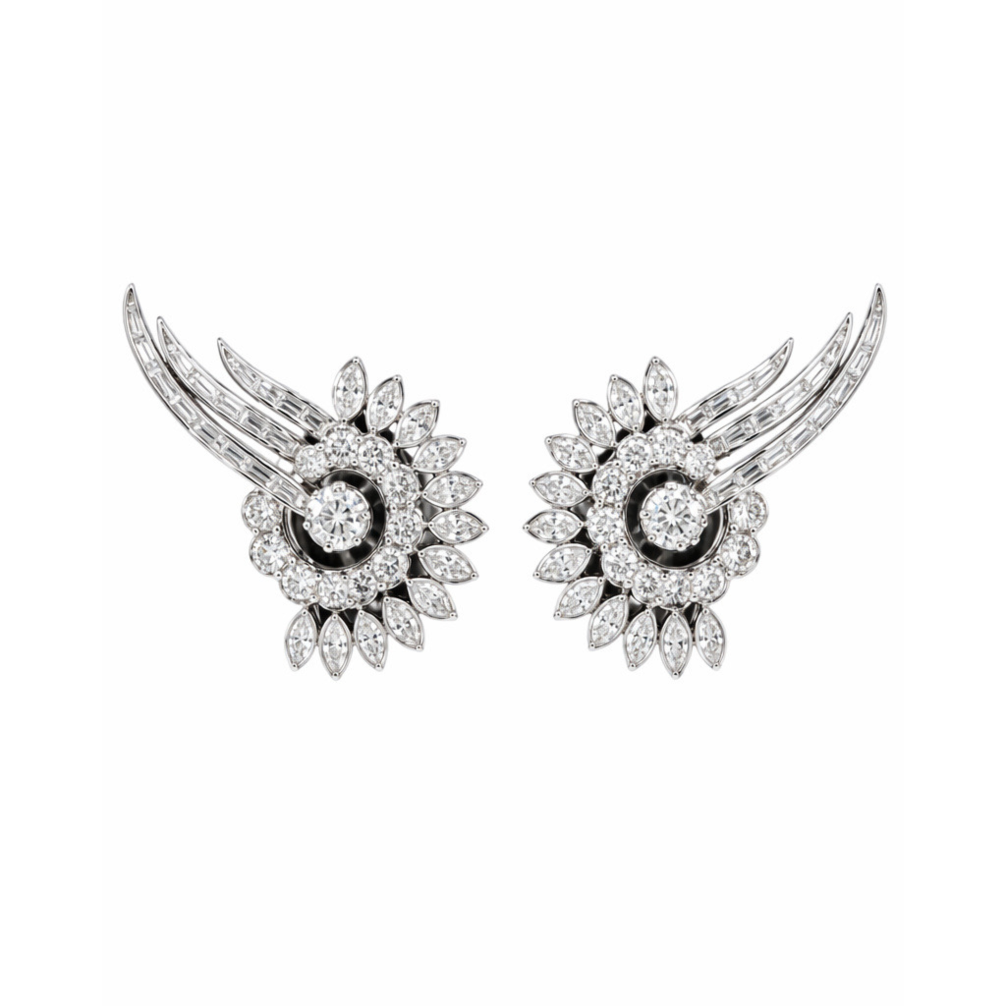 The Cartier Mid Century Diamond Earclips are ornate, symmetrical platinum earrings with marquise and round-cut white diamonds in floral and wing-like designs, capturing Parisian elegance.