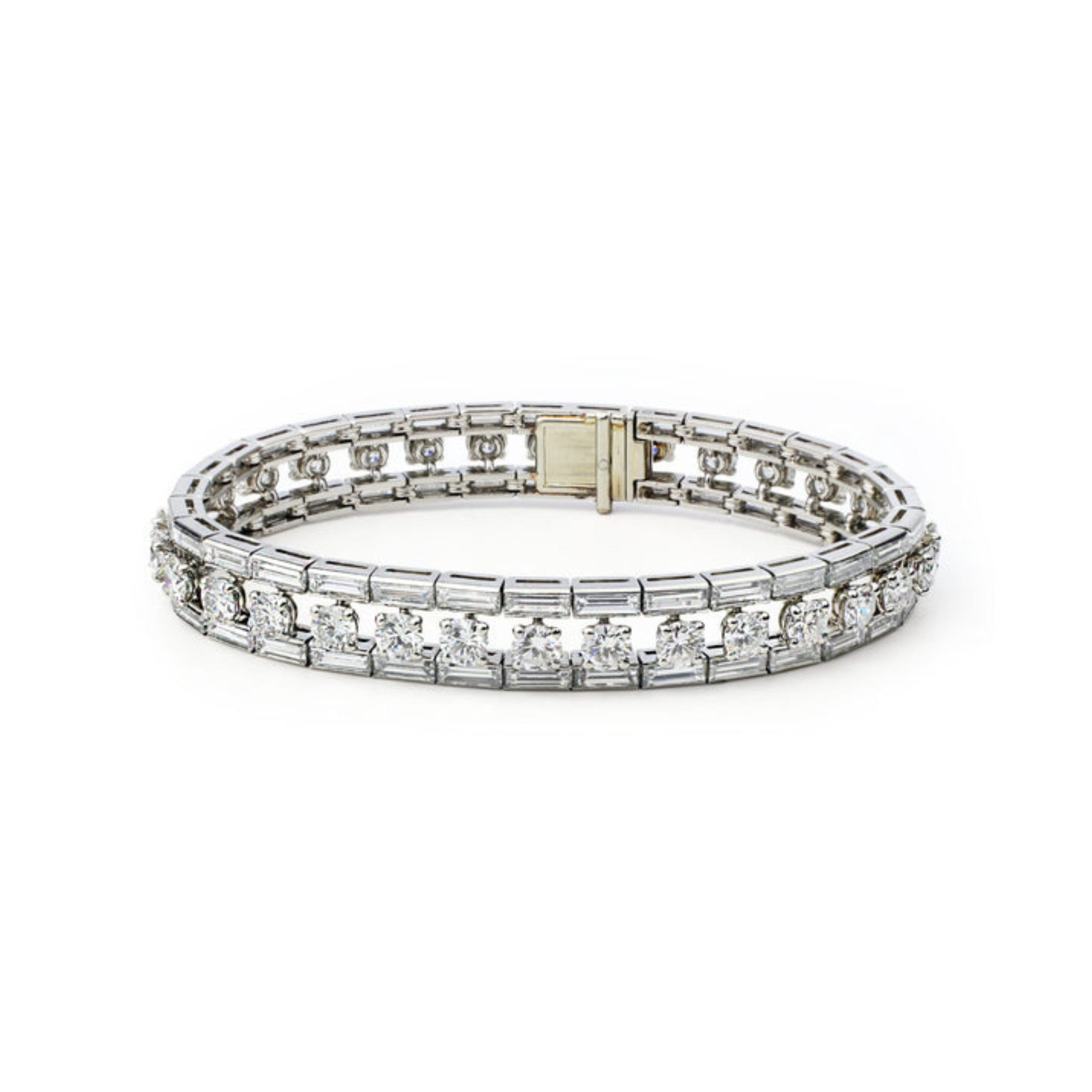 The Cartier Mid-Century Diamond Bracelet features a vintage-inspired double row of sparkling round-cut diamonds in silver with a gold box clasp, reminiscent of classic Cartier style, displayed against a white background.