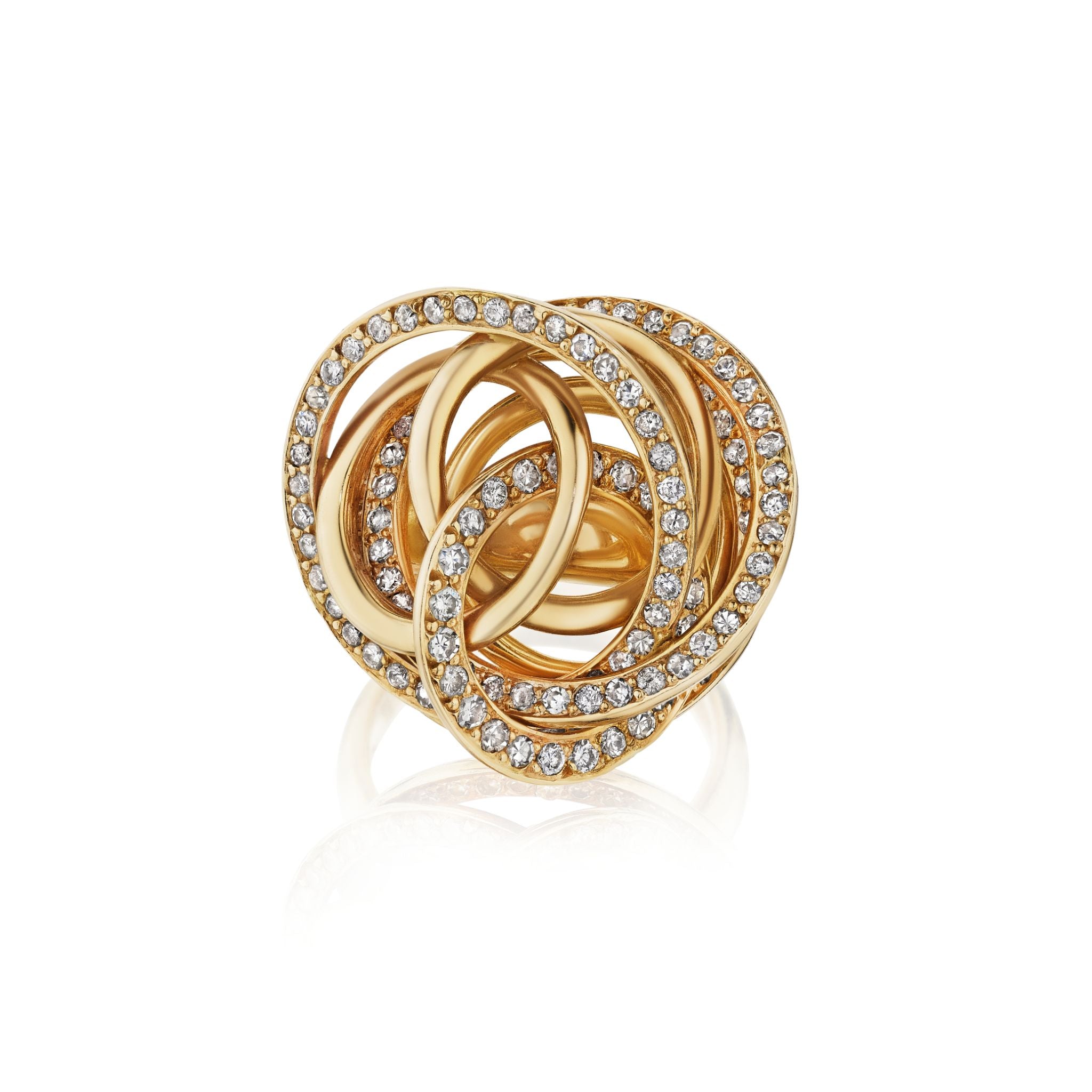 The Gold and Diamond Ring features multiple interlocking gold loops, each set with sparkling diamonds, displayed on a white background.