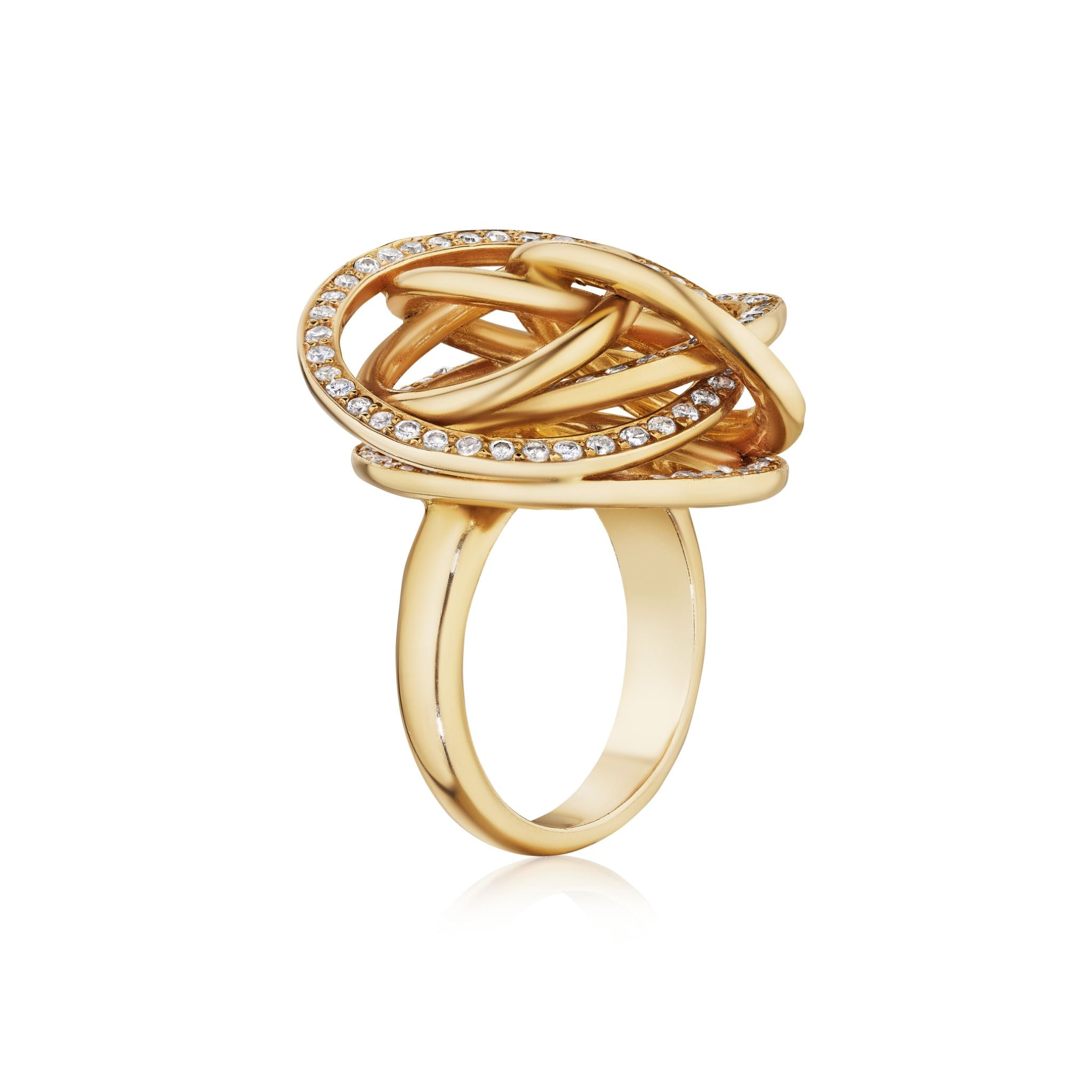 The Gold and Diamond Ring features an intricate knot design with a loop accented by small, clear diamonds along the edge. The ring is showcased against a white background.