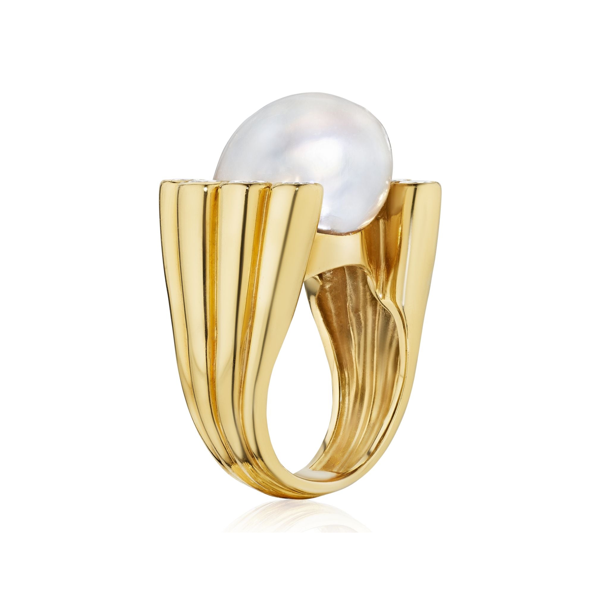 The Cultured Pearl and Diamond Ring features vertical gold ridges and a large, round white pearl on top, shown against a white background.