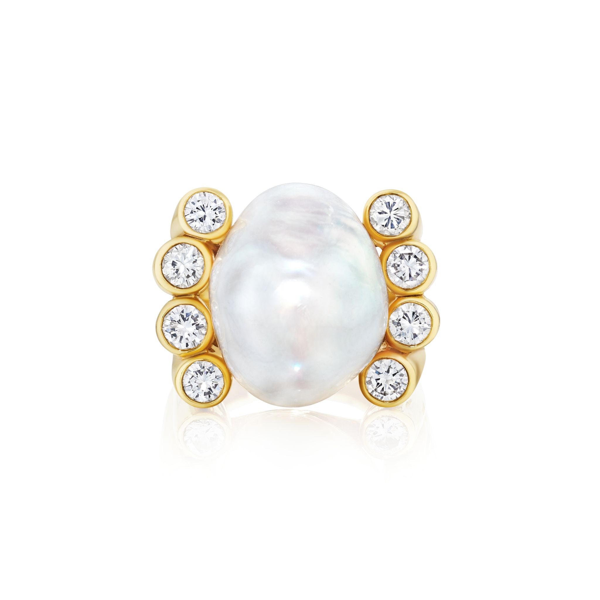 The Cultured Pearl and Diamond Ring showcases a large oval white pearl at the center, accented by five round diamonds on each side, all set in gold. The ring is displayed on a white background.