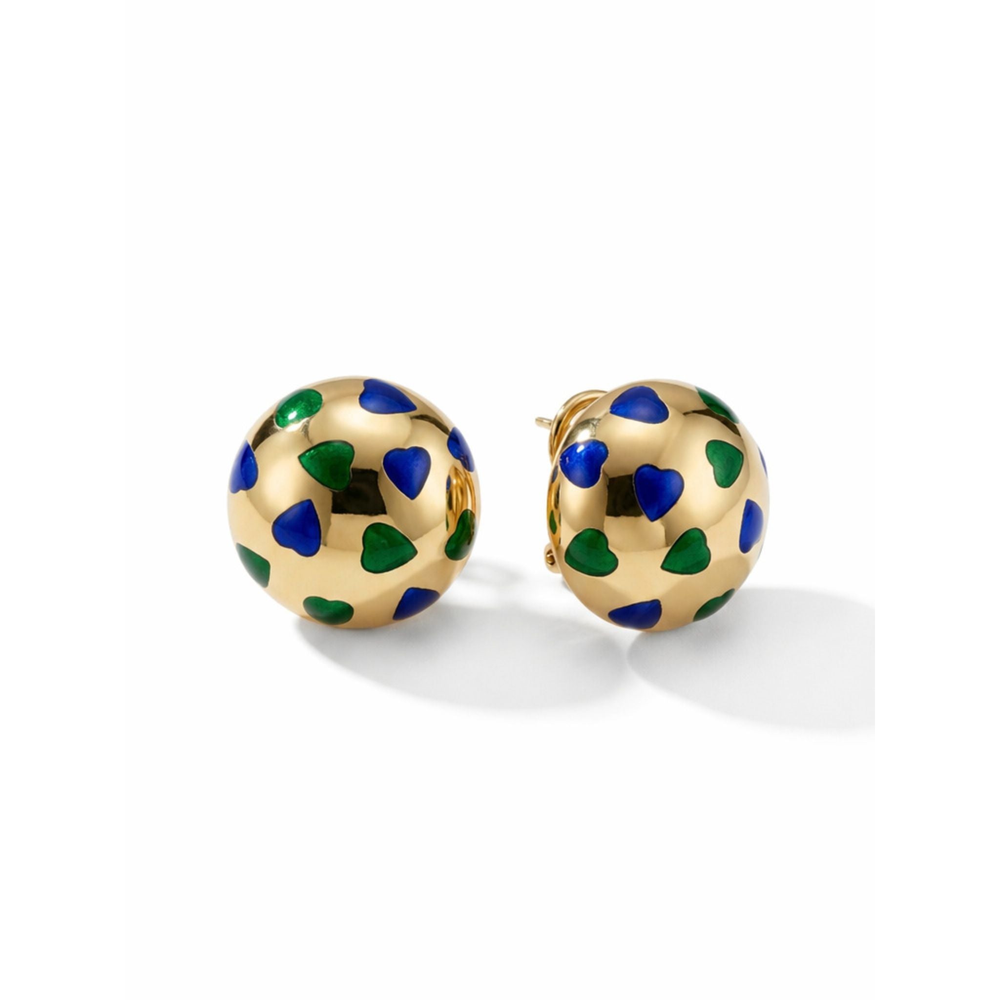 Van Cleef & Arpels Gold and Enamel Earclips: round 18K gold earrings featuring small blue and green enamel hearts on a white background.