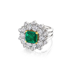 Introducing the Vintage Emerald and Diamond Ring: A stunning platinum ring showcasing a sizable square Colombian emerald at its center, encircled by two rows of round white diamonds arranged in a floral halo pattern, all elegantly set on a split shank band.