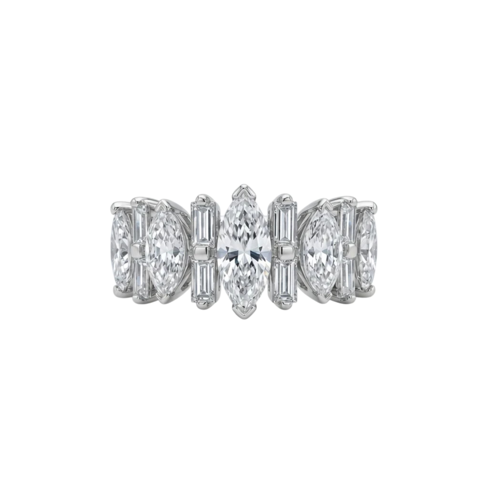The Diamond Band Ring showcases a central marquise-cut diamond accented by baguette and marquise diamonds in a symmetrical platinum setting—a timeless symbol of sophistication.