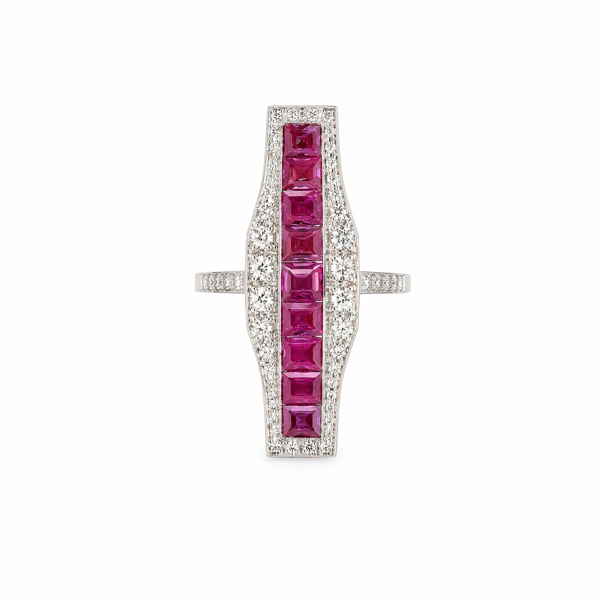 The Ruby and Diamond Ring showcases a vertical row of square-cut rubies at the center, flanked by pavé-set white diamonds, with elegant European-cut diamond accents on a platinum band.