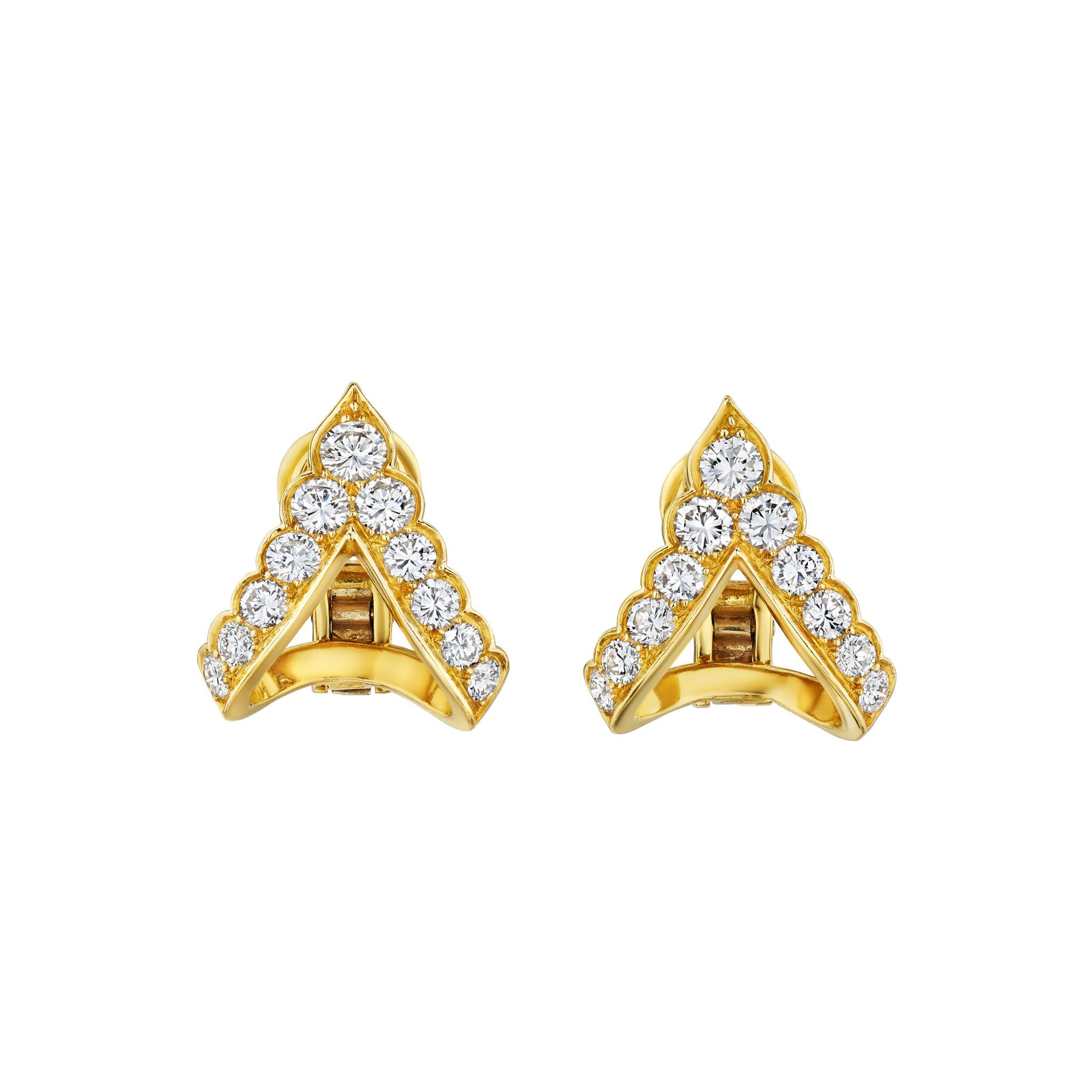 A pair of Bulgari Gold and Diamond Earclips crafted in 18K yellow gold, featuring pointed chevron shapes adorned with rows of sparkling round diamonds along the edges.