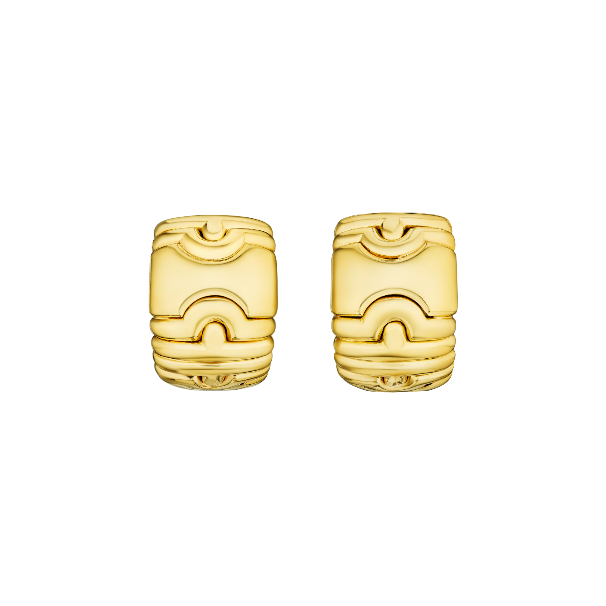 A pair of Bulgari "Parentesi" 18K yellow gold earclips with a stacked geometric design, featuring smooth curves and rectangles, displayed against a plain white background.