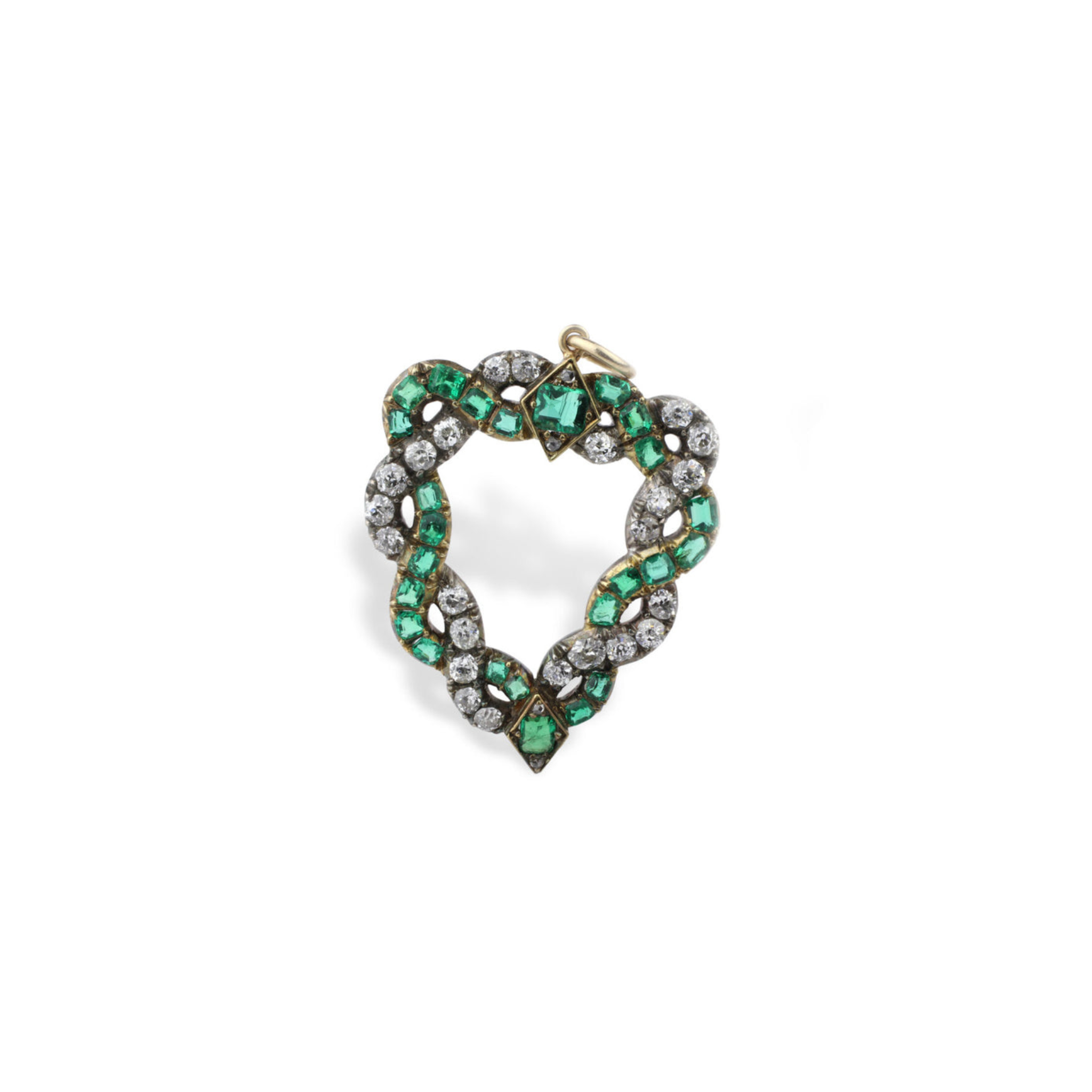 Emerald and Diamond Pendant featuring cushion-shaped emeralds and old-cut diamonds set in gold, with an ornate, openwork heart design and a small top loop.