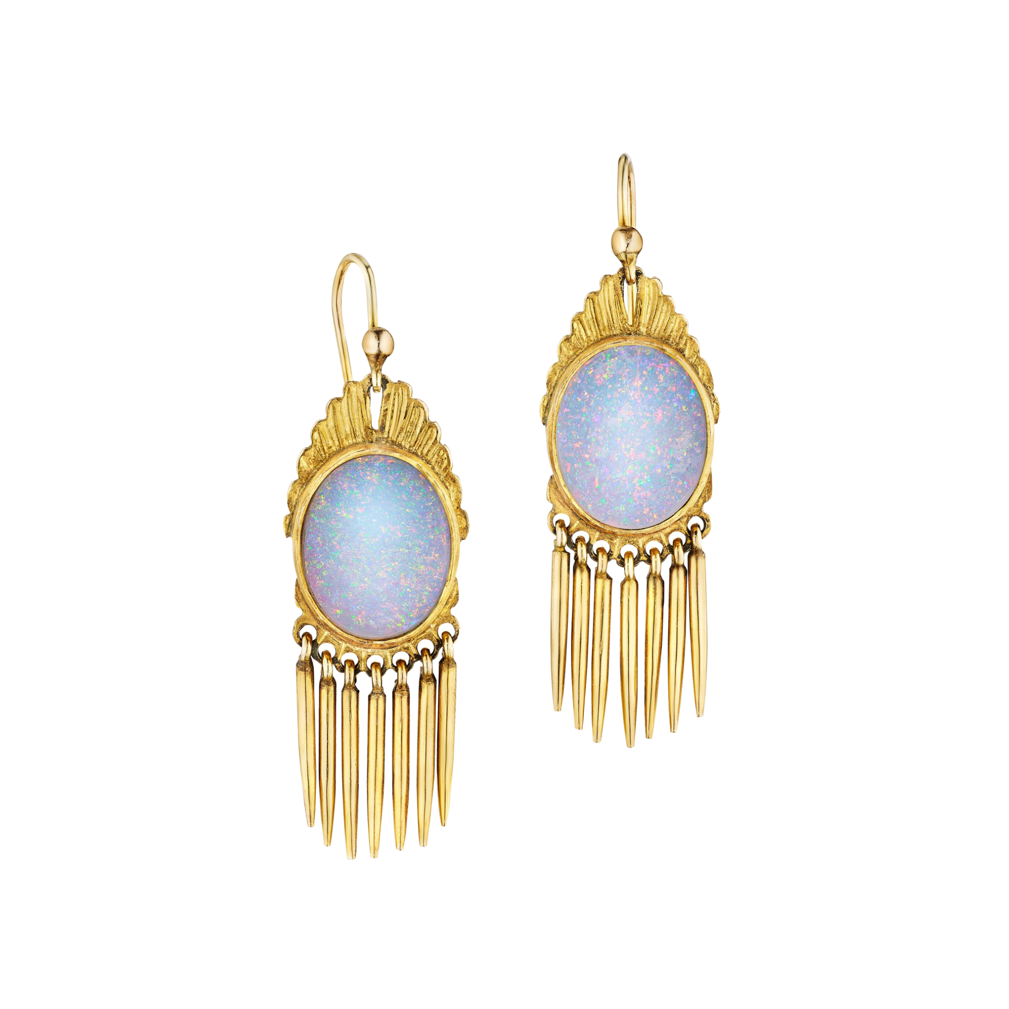 The Victorian Pair of Gold and Opal Earrings feature large oval opals set in 18K gold, framed by textured gold details with hanging fringe accents and hook-style backs.