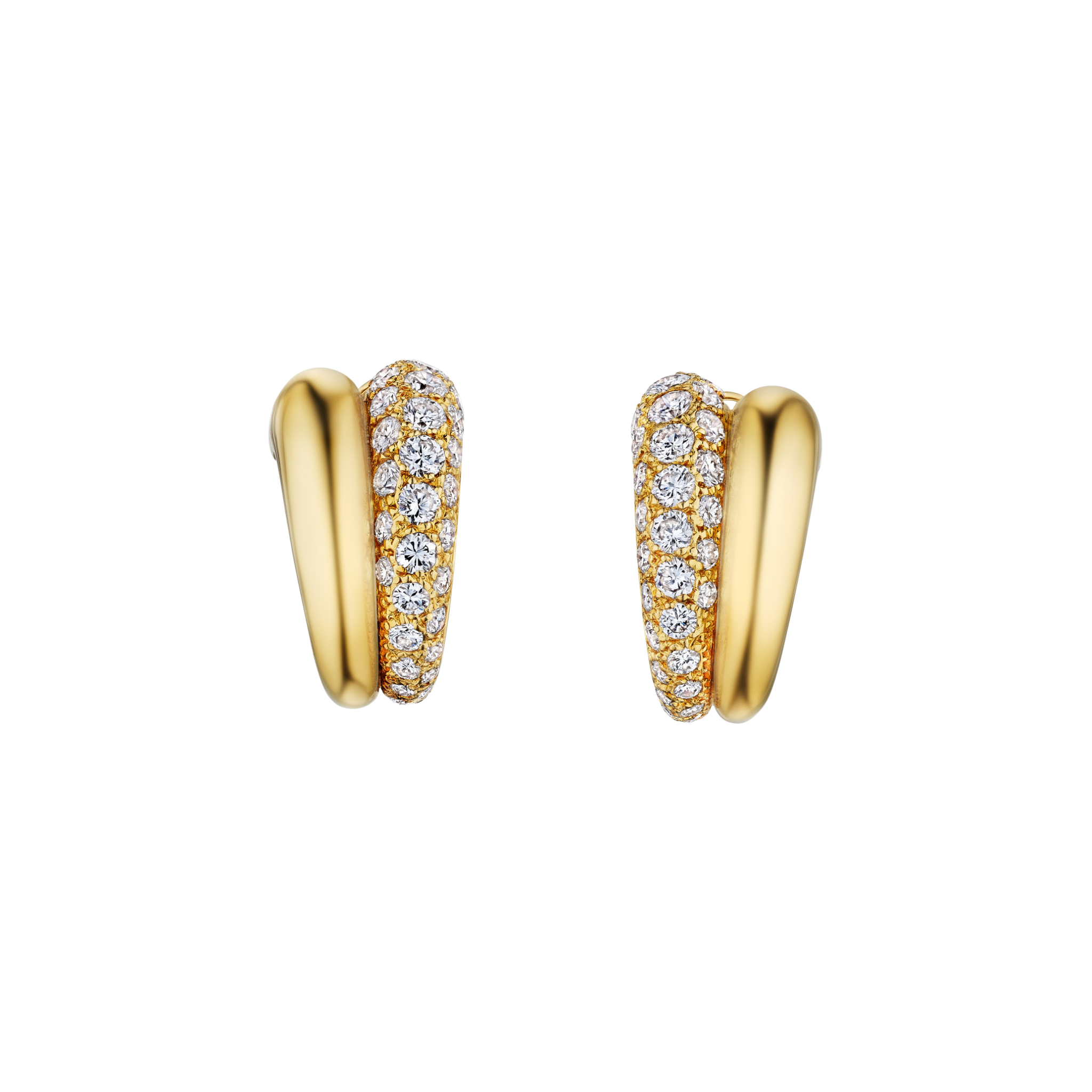 The Cartier Pair of Gold and Diamond Earclips features a curved design with one side polished and the other adorned with sparkling white diamonds, shown against a white background.