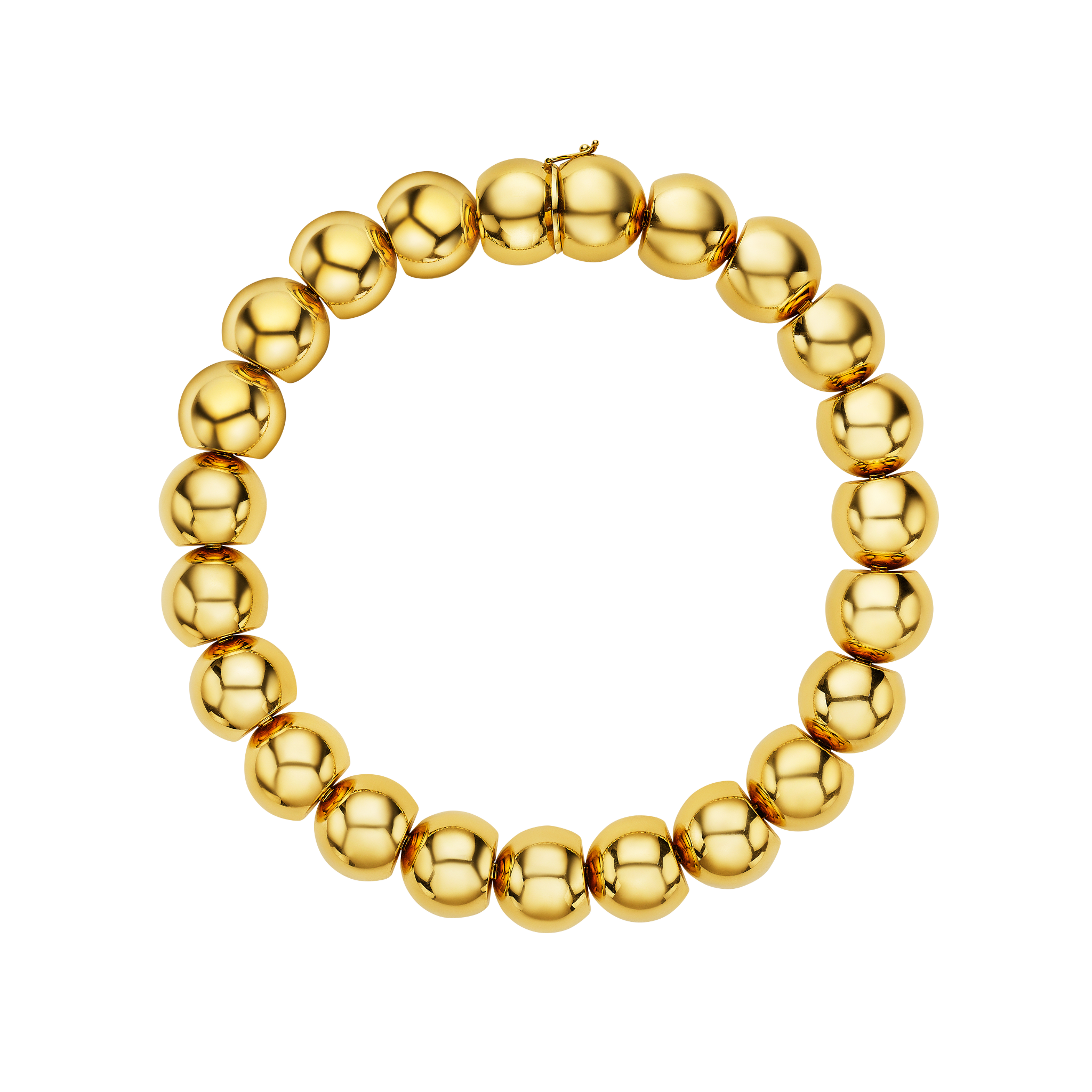 The Gold Necklace features large, shiny, 14K gold spherical beads arranged in a closed loop, making it a stunning piece of jewelry shown on a white background.