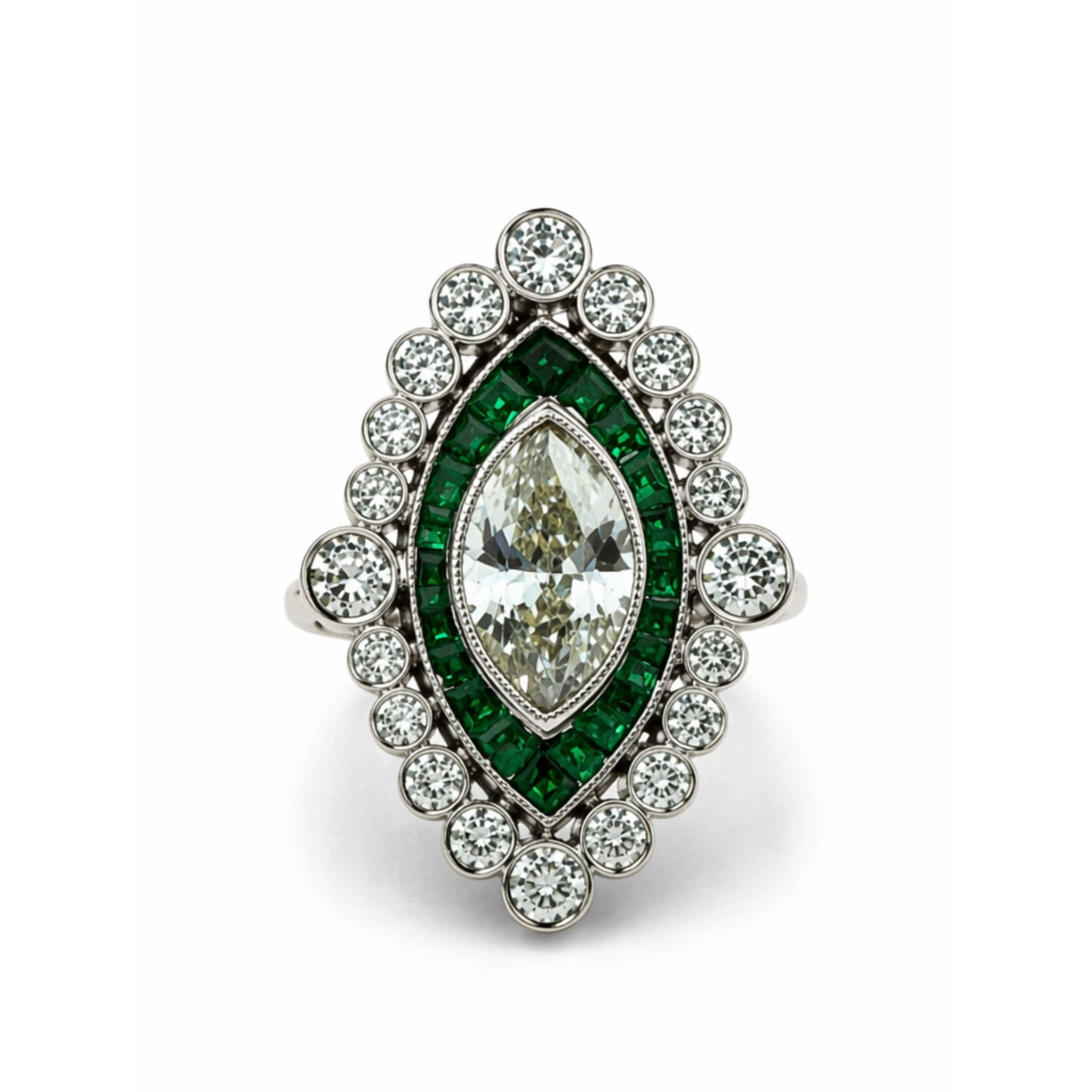 The Art Deco Emerald Diamond Ring showcases a vintage marquise diamond with emerald accents and a halo of round white diamonds on a platinum band.