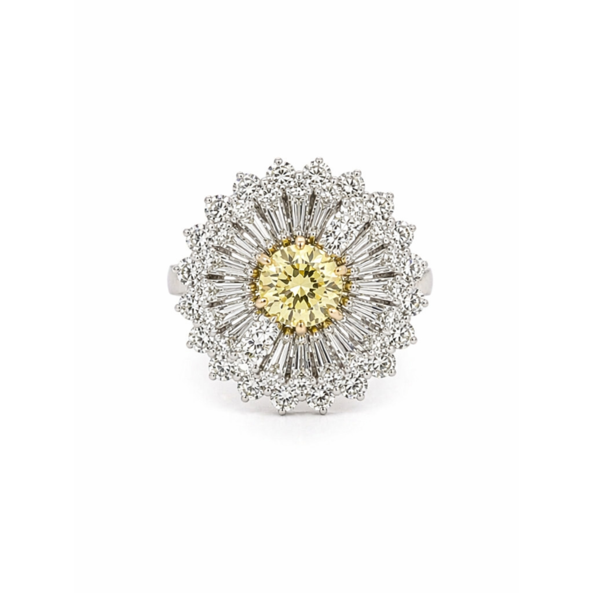 The Mid-Century Fancy Intense Yellow Diamond and Diamond Ring showcases a round Fancy Intense Yellow VVS2 diamond, accented by white baguette and round diamonds in a sunburst motif, set in white metal and GIA certified.