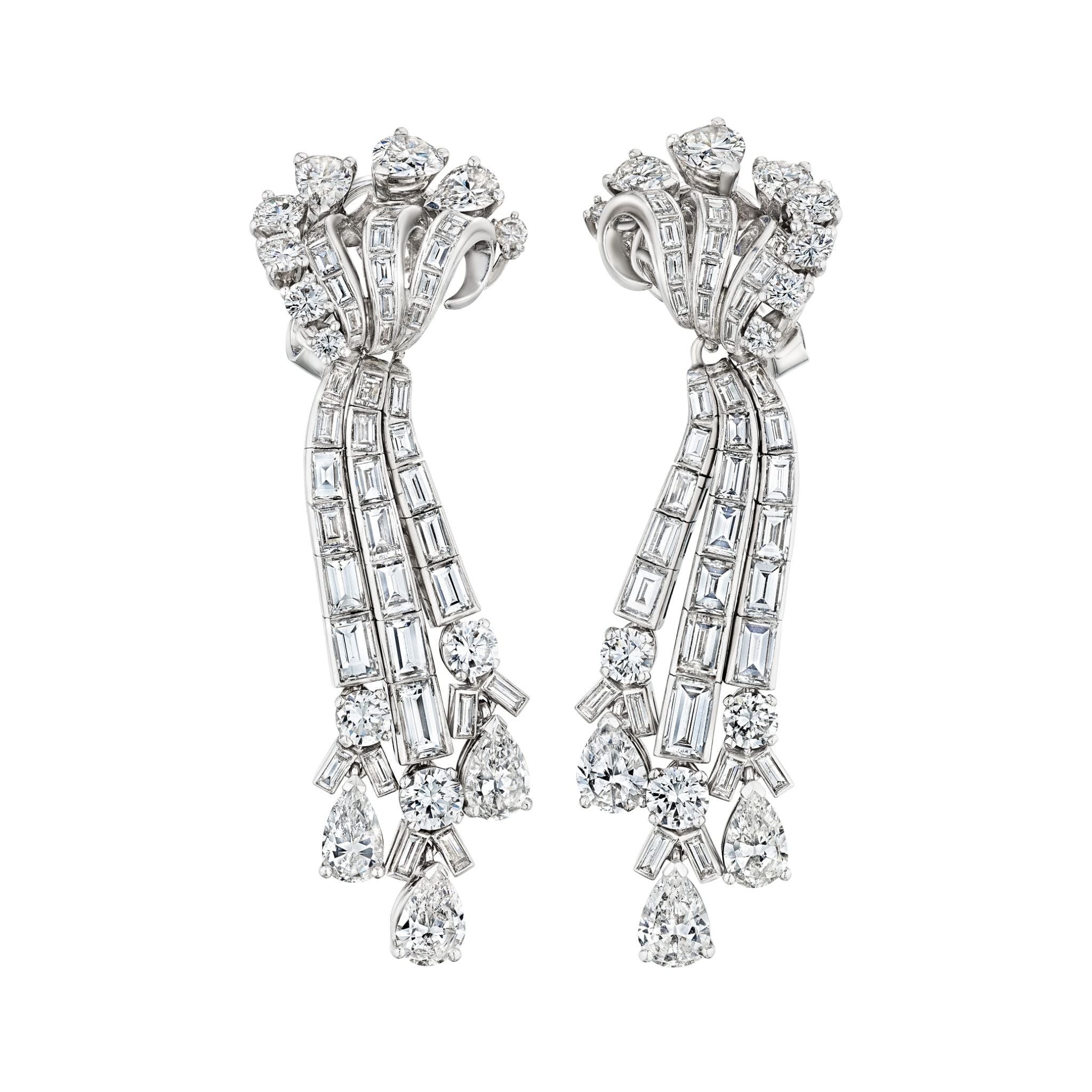The Meister Pair of Diamond Earrings features an elegant cascading design with round, baguette, and pear-shaped diamonds set in white metal, inspired by vintage platinum styles for a sophisticated, shimmering look.
