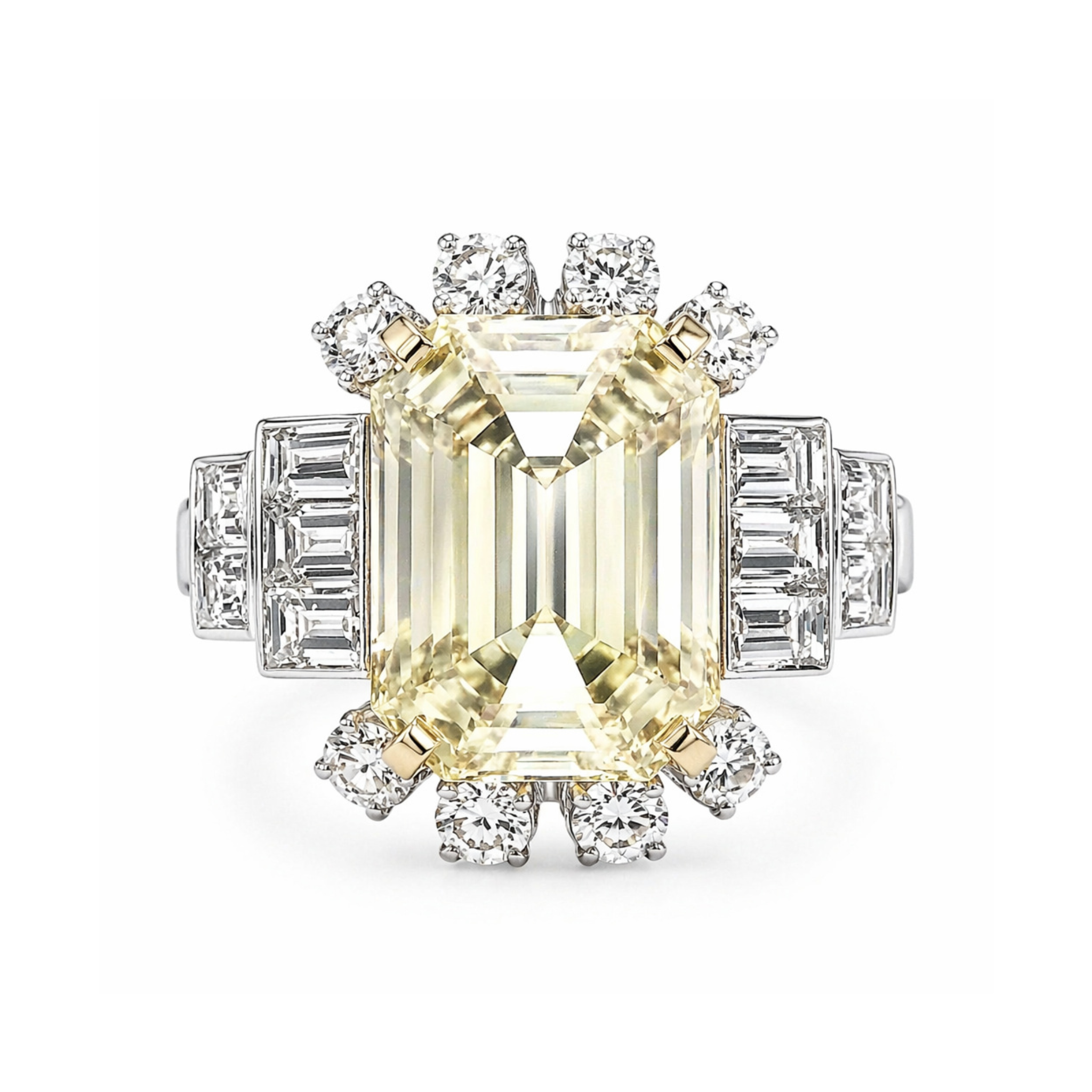 The Yellow Sapphire and Diamond Ring features a large emerald-cut yellow sapphire, accented by round and baguette diamonds on a white metal band, shown against a white background.