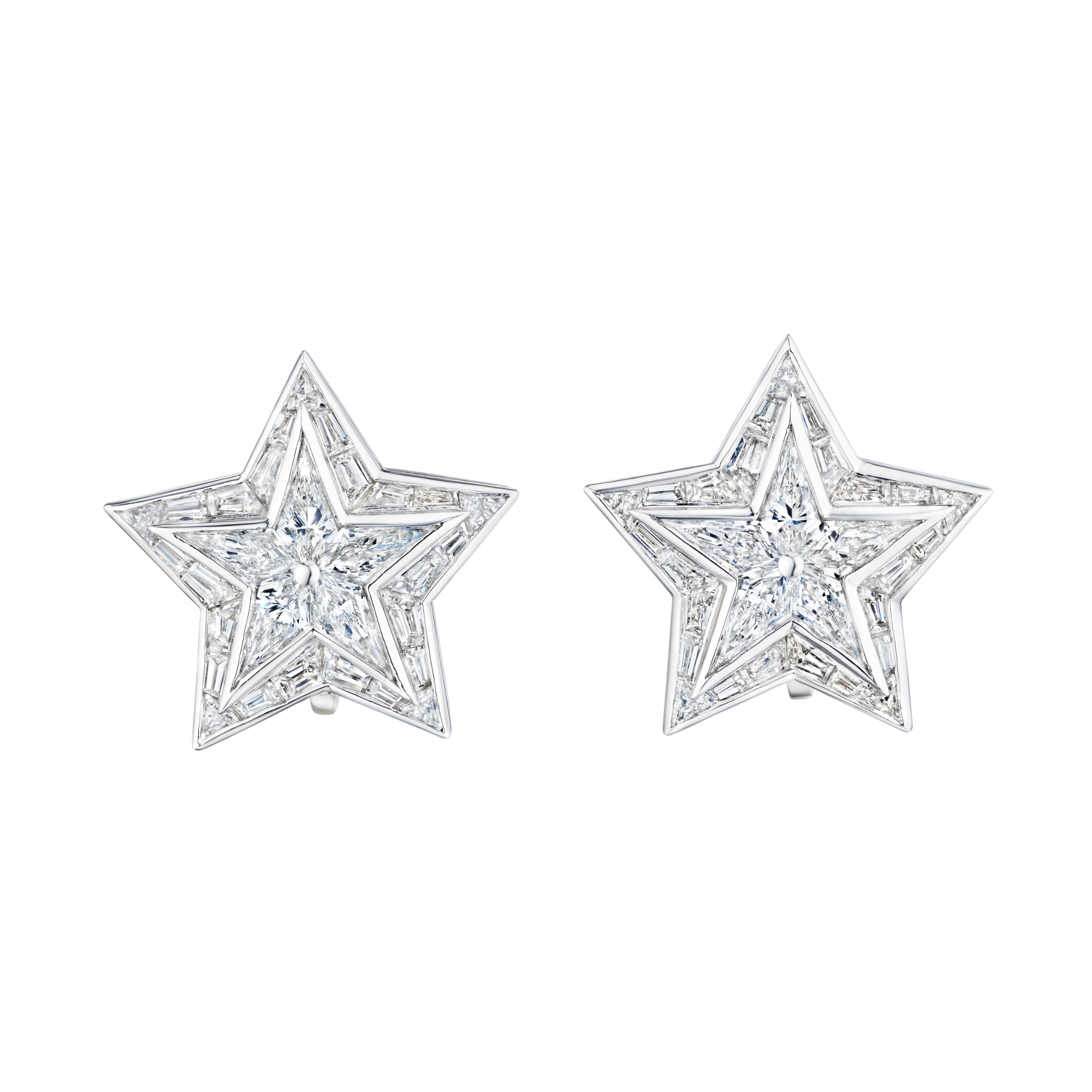 A pair of Diamond Earclips featuring star-shaped studs adorned with sparkling kite-shaped diamonds set in platinum, highlighted by an intricate geometric design.