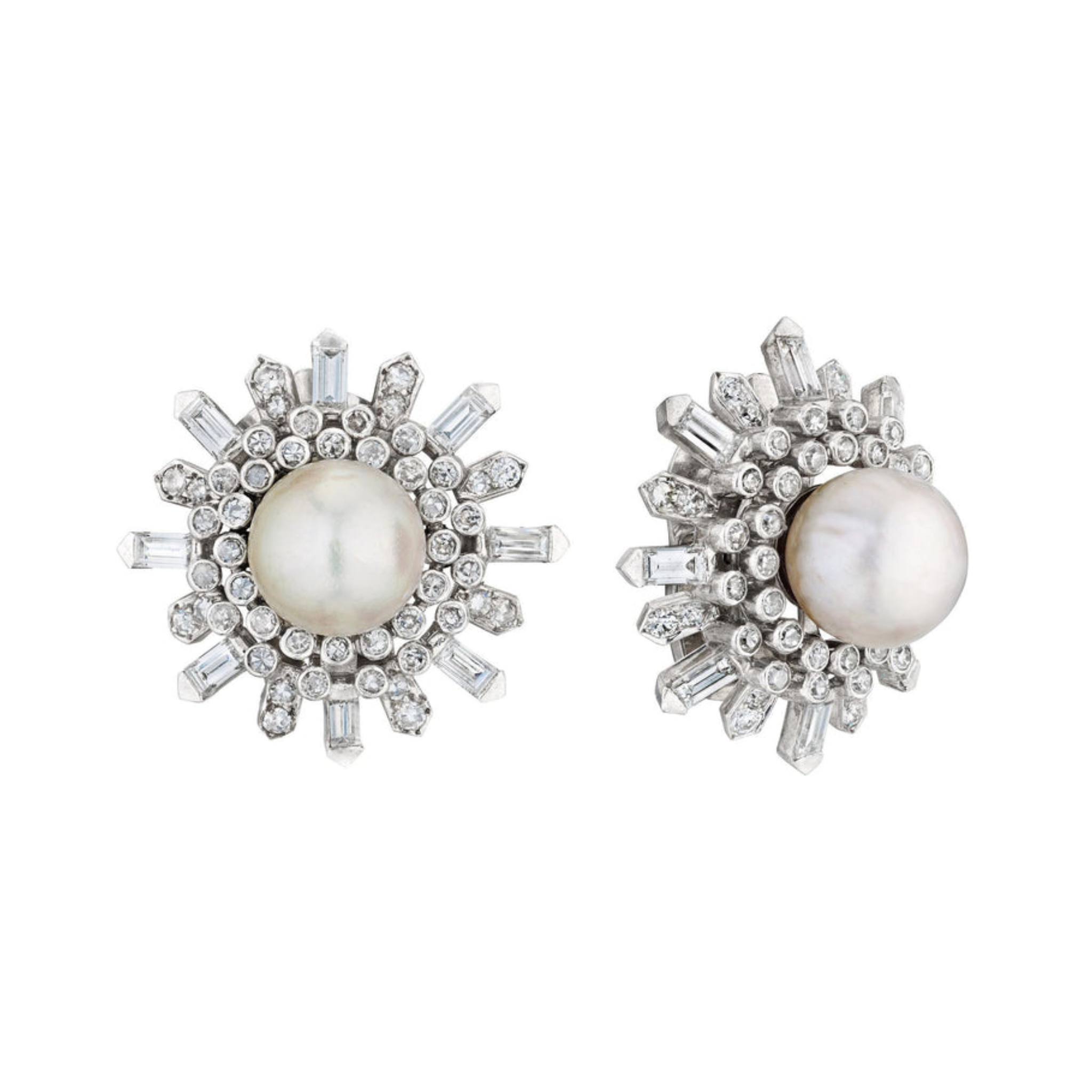 A pair of Van Cleef & Arpels Pearl and Diamond Earclips, each showcasing a central round pearl encircled by a sunburst design of diamonds set in white metal.