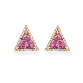 Triangle Cut Pink Sapphire Studs with Pavé in Yellow Gold