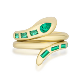 Serpent Bookend Rings in Yellow Gold with Pear Shape and Baguette Emeralds