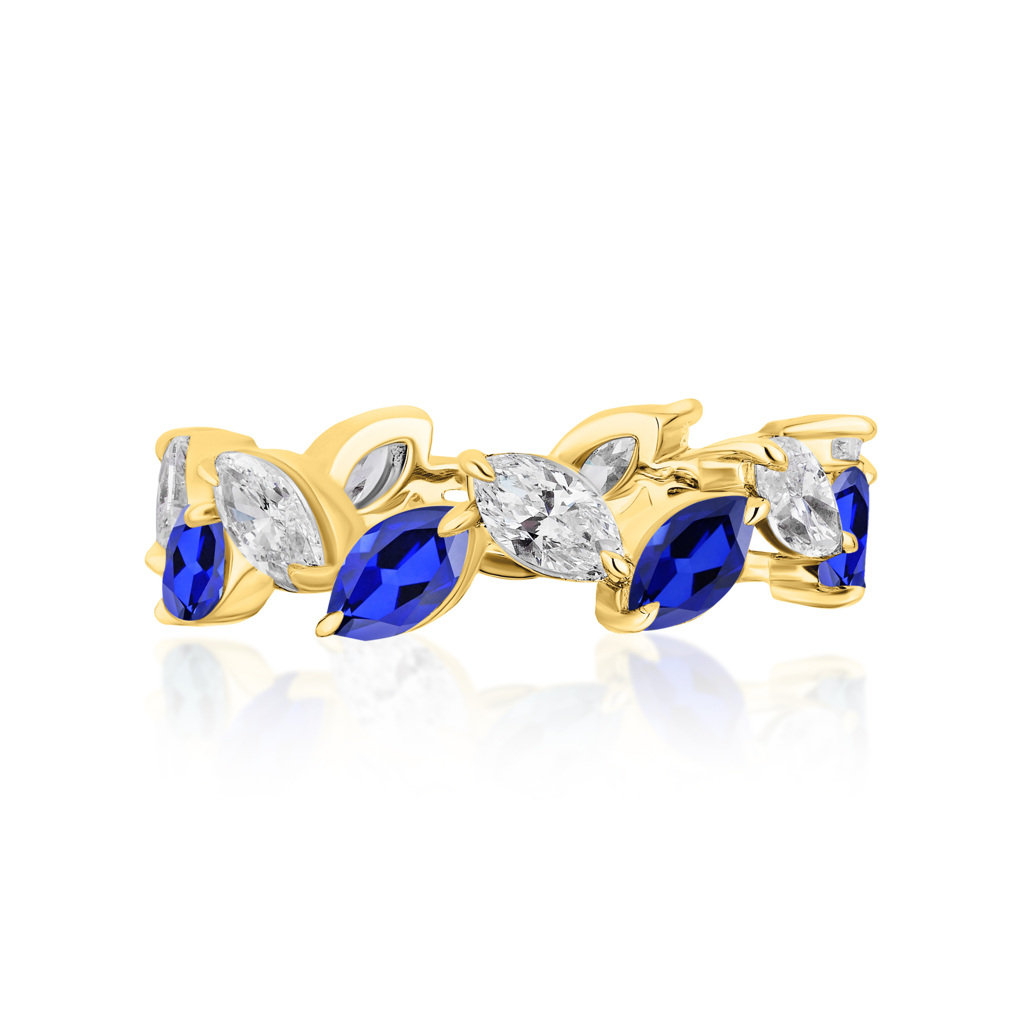 The Marching Marquise Eternity Band features alternating marquise-cut blue sapphires and diamonds in a leaf-like pattern, crafted from polished 18K yellow gold and elegantly displayed on a white surface.