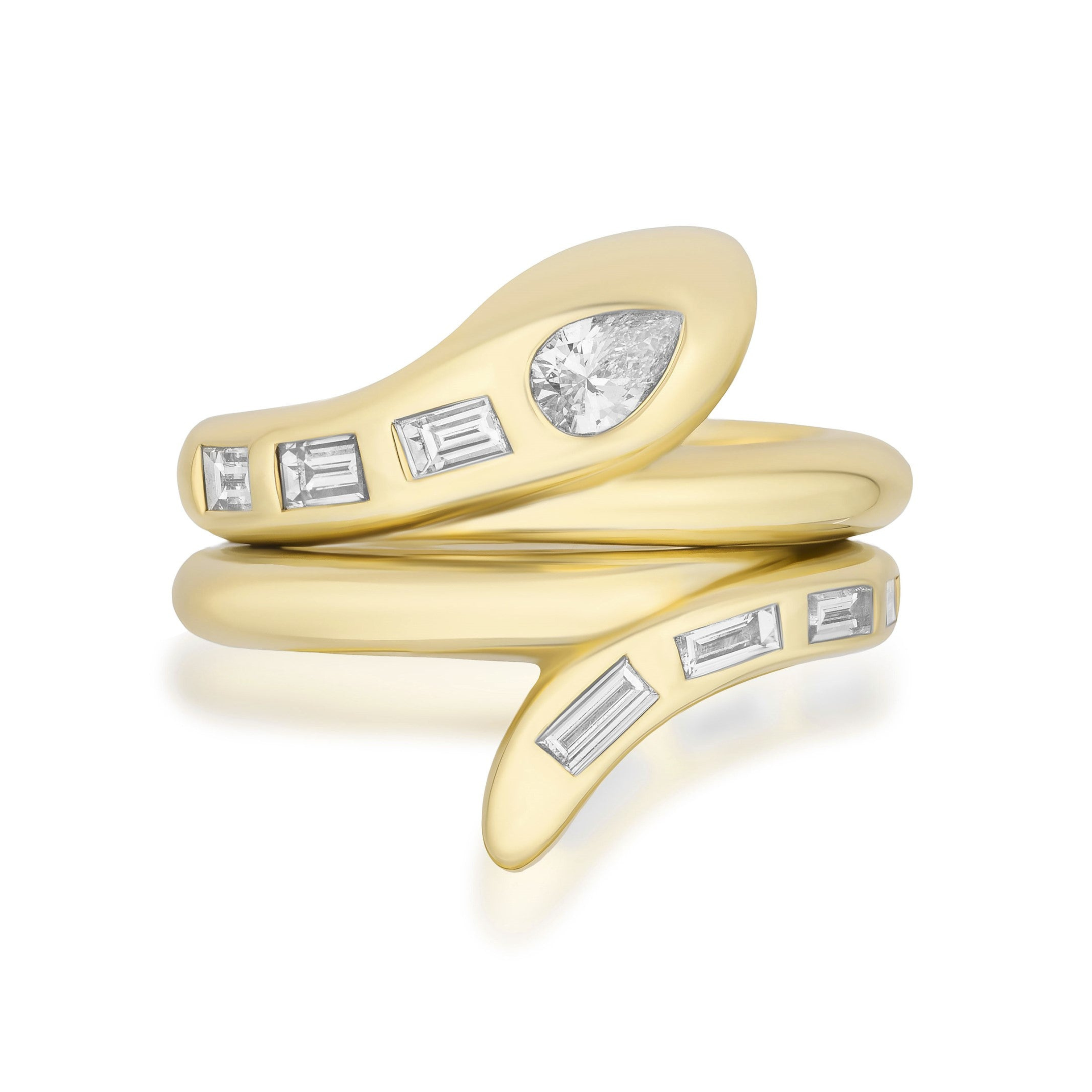 The Serpent Bookend Rings in Yellow Gold with Mixed Shape Diamonds feature a coiled serpent design, baguette and teardrop diamonds, and shine in radiant 18k yellow gold—bringing snake-inspired elegance to life.