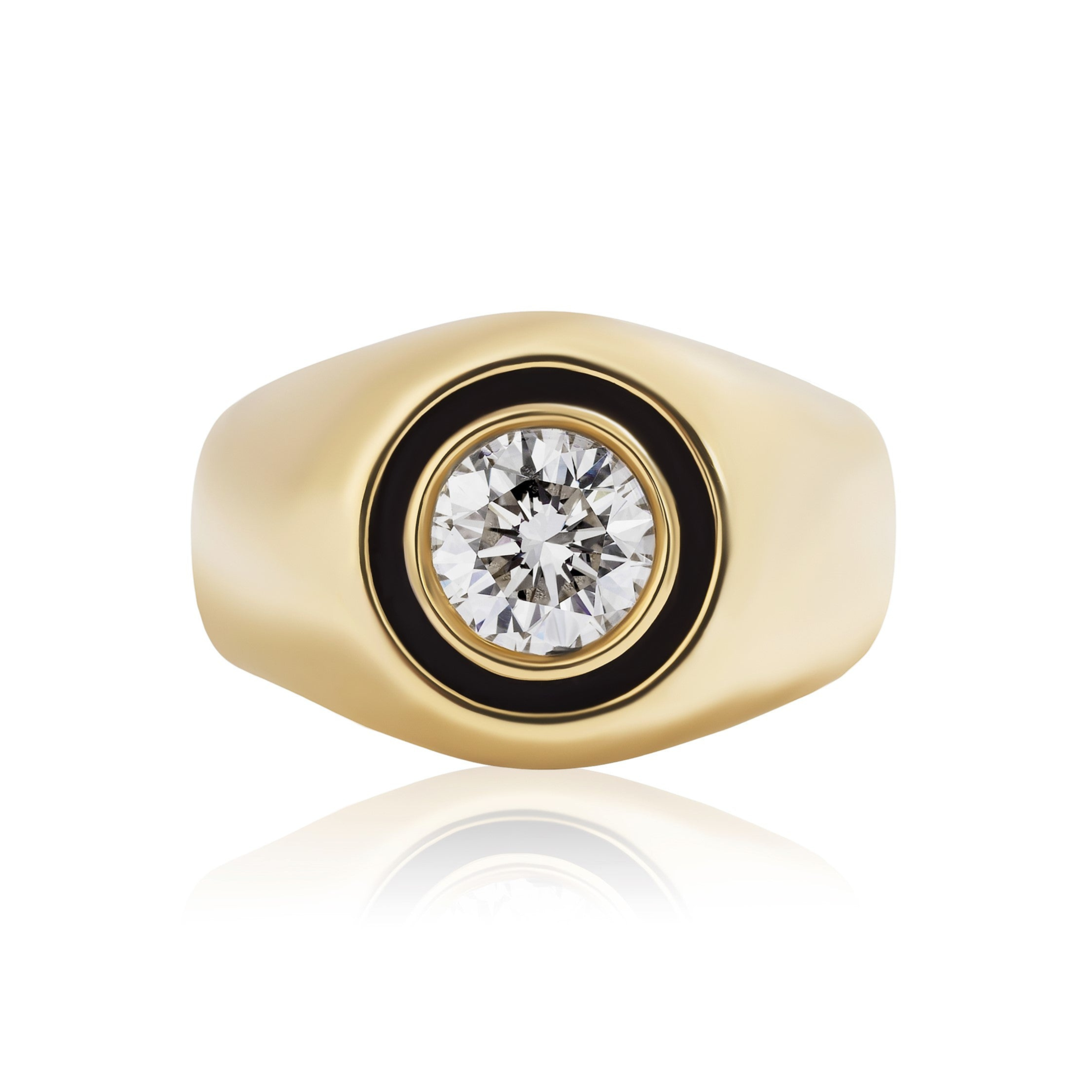 The Enamel Signet Ring in Yellow Gold with Round Brilliant Diamond features a wide 18k gold band, a central round diamond, and a slim black enamel border, shown against a white background.