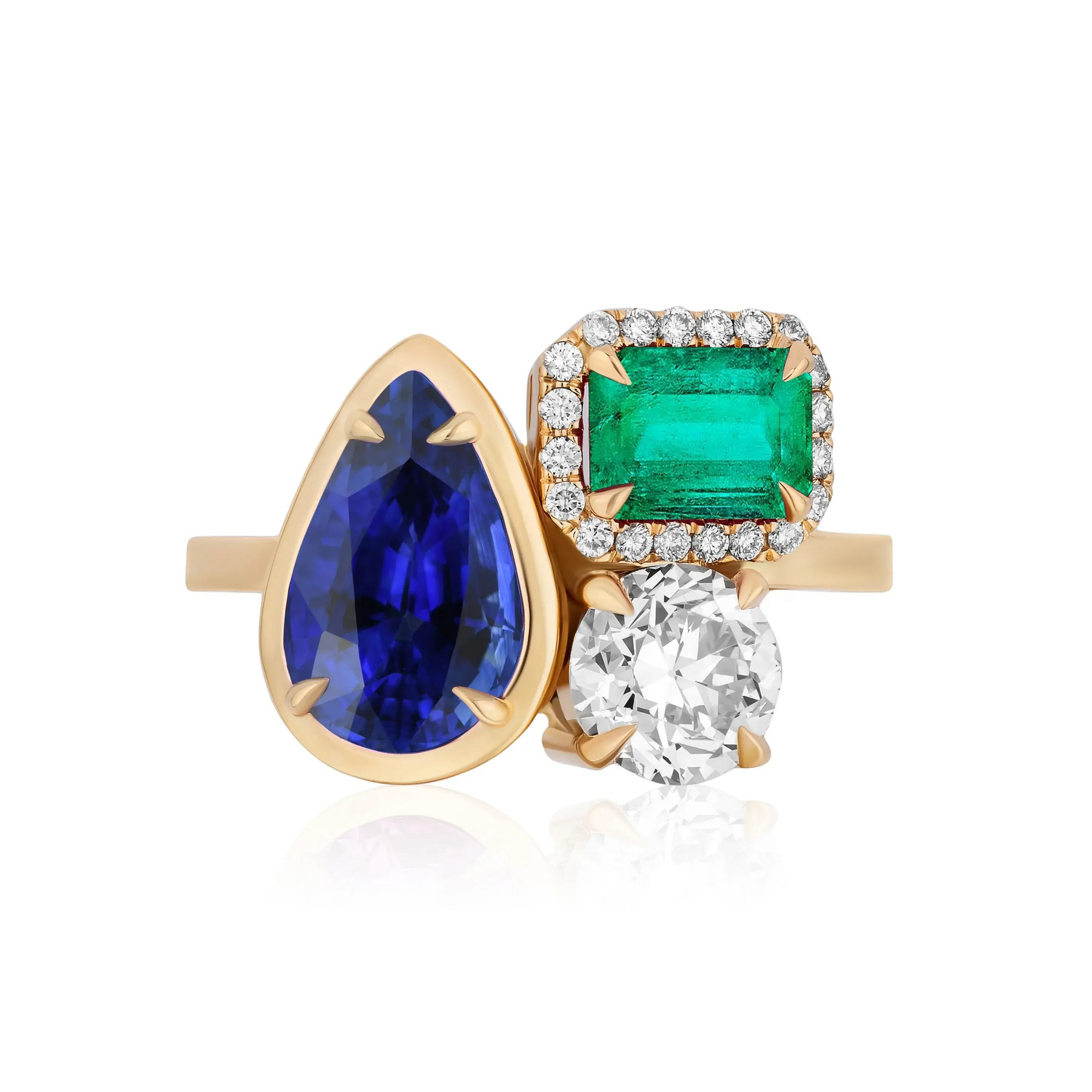 Cluster Ring in Yellow Gold with Collet Set Pear Shape Sapphire, Pavé Emerald Cut Emerald, and Round Diamond