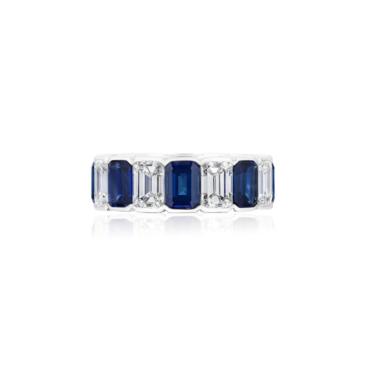 Alternating Half-Bezel Emerald Cut Diamond and Sapphire Eternity Band