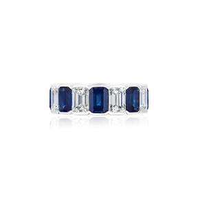 Alternating Half-Bezel Emerald Cut Diamond and Sapphire Eternity Band