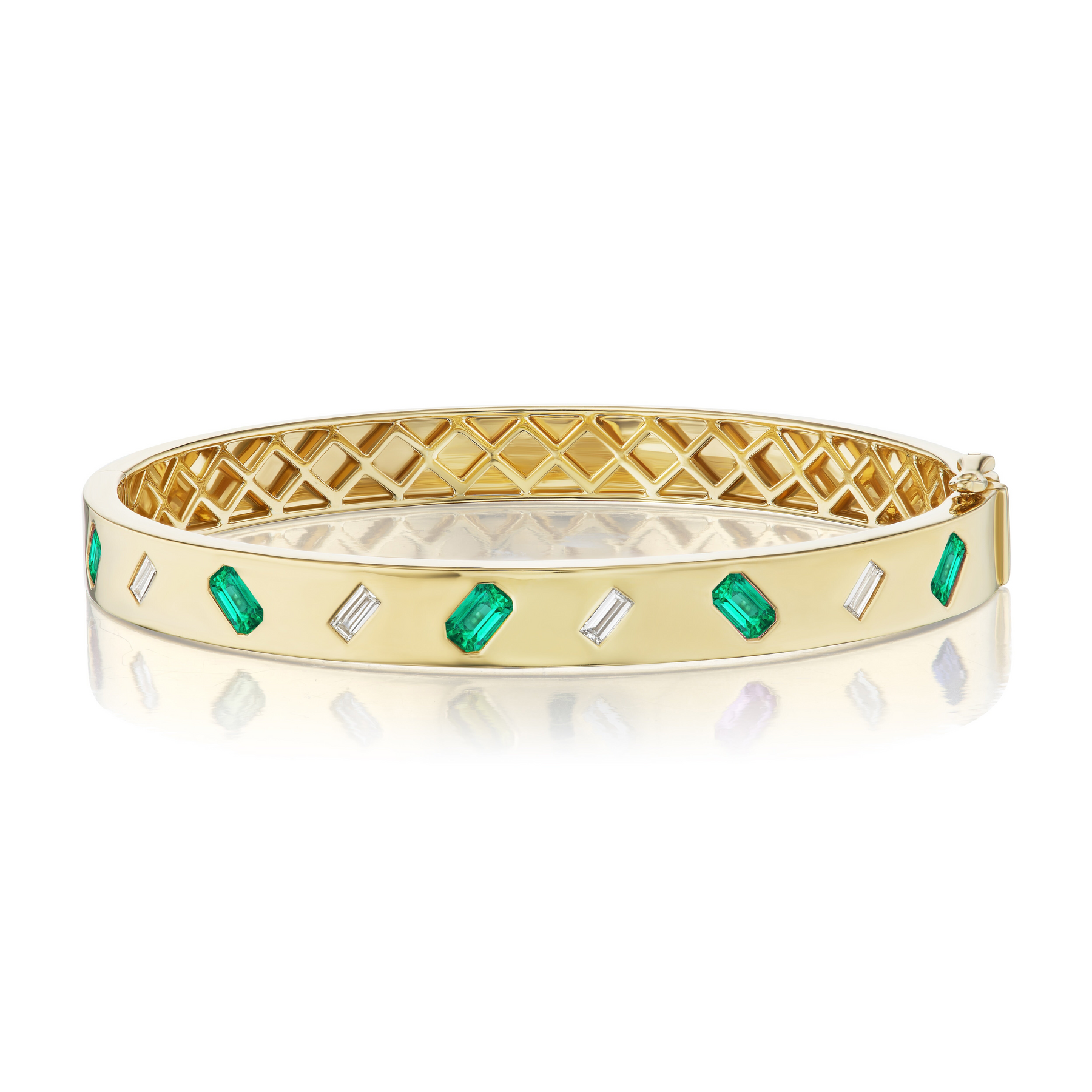 Alternating Emerald Cut Diamond and Emerald Bangle in Yellow Gold