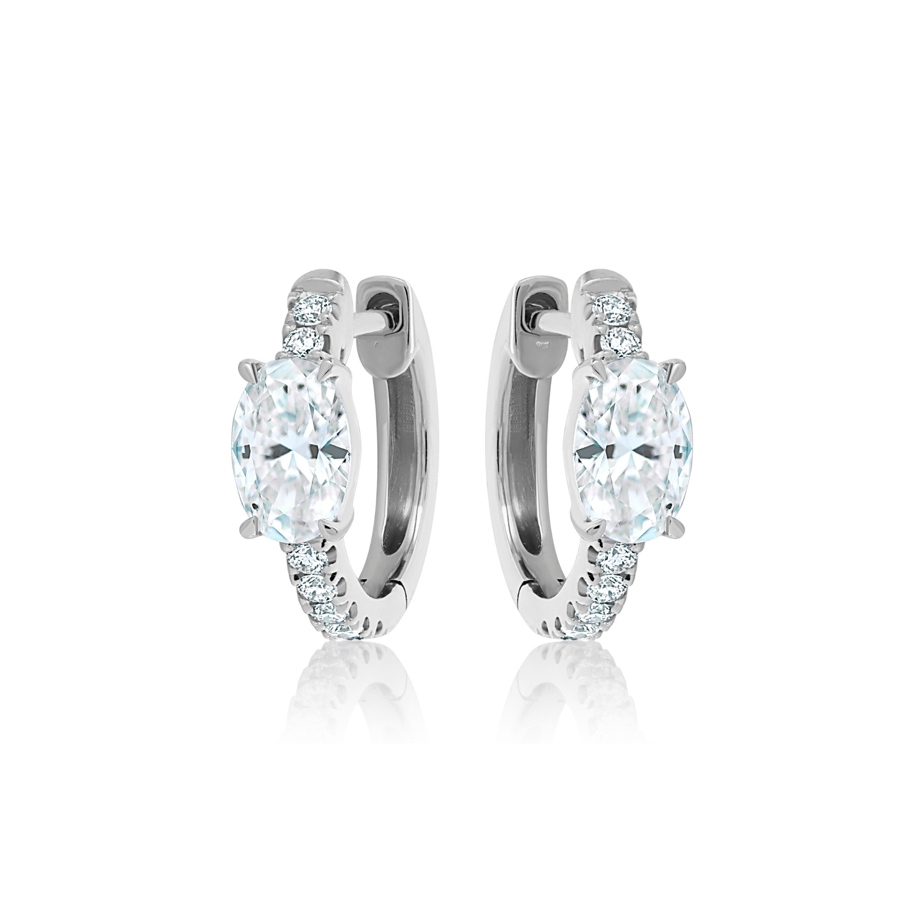 Pavé Huggies with Oval Shape Diamond in White Gold