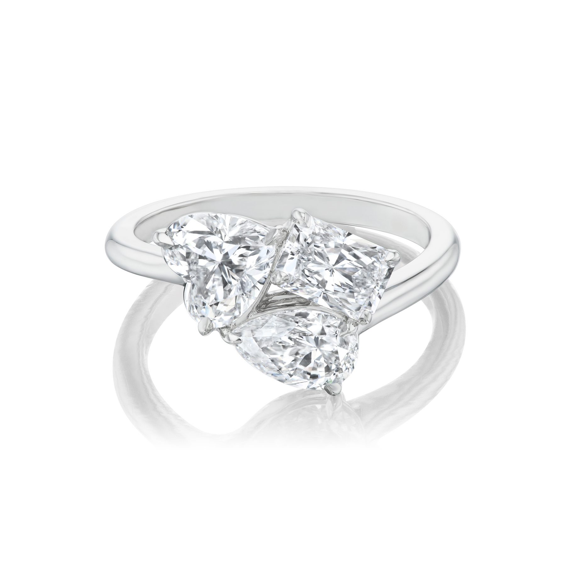 Three Stone Ring in White Gold with Pear Shape, Heart Shape, and Radiant Cut Diamonds