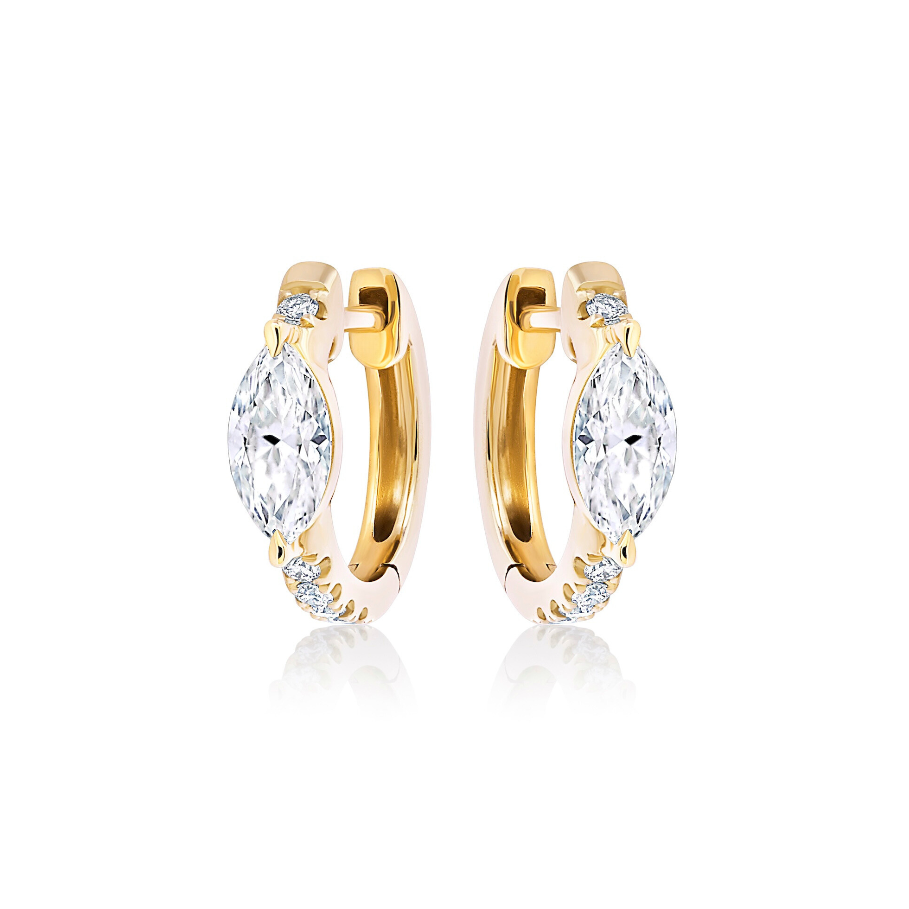 Pavé Huggies with Marquise Shape Diamond: 18k gold hoop earrings featuring a marquise diamond center and pavé-set round clear stones, shown on a white background.