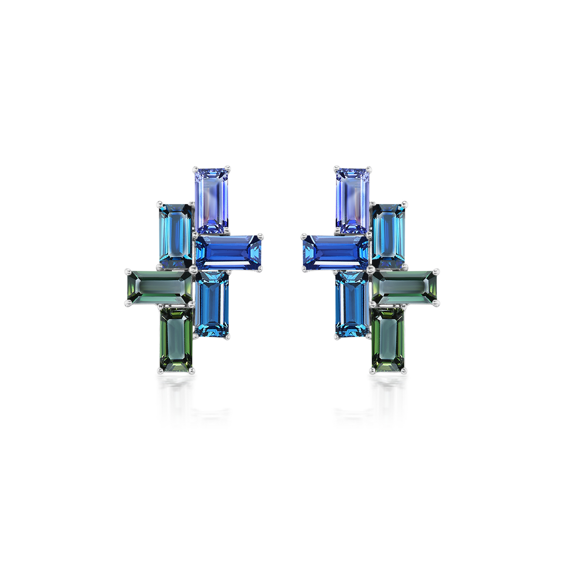 Multicolor Tetris Studs with Baguette Sapphires in White Gold