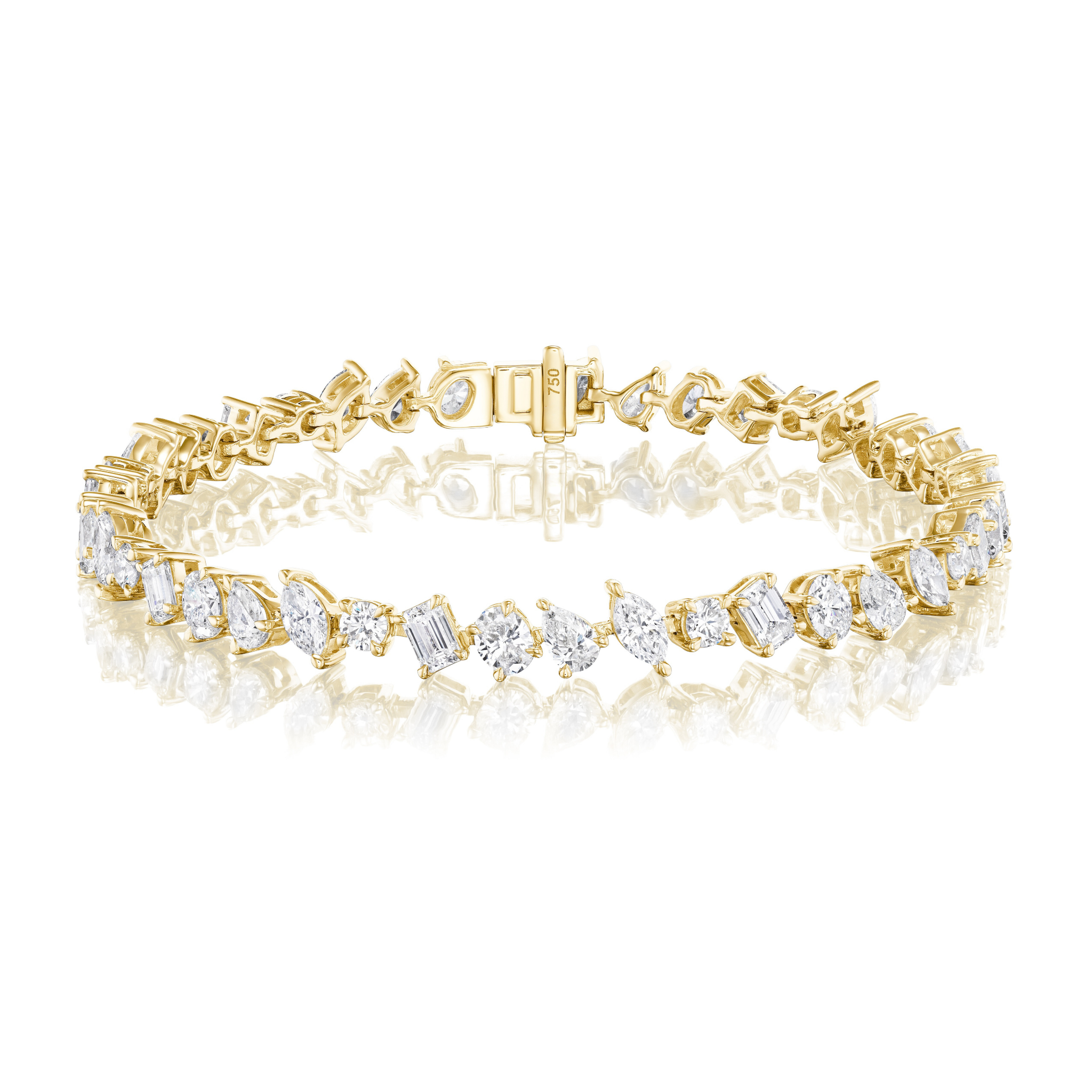The Mixed Shape Diamond Tennis Bracelet in 18k gold features a clasp and alternating round and baguette-cut diamonds set in a single row, displayed on a white reflective surface.
