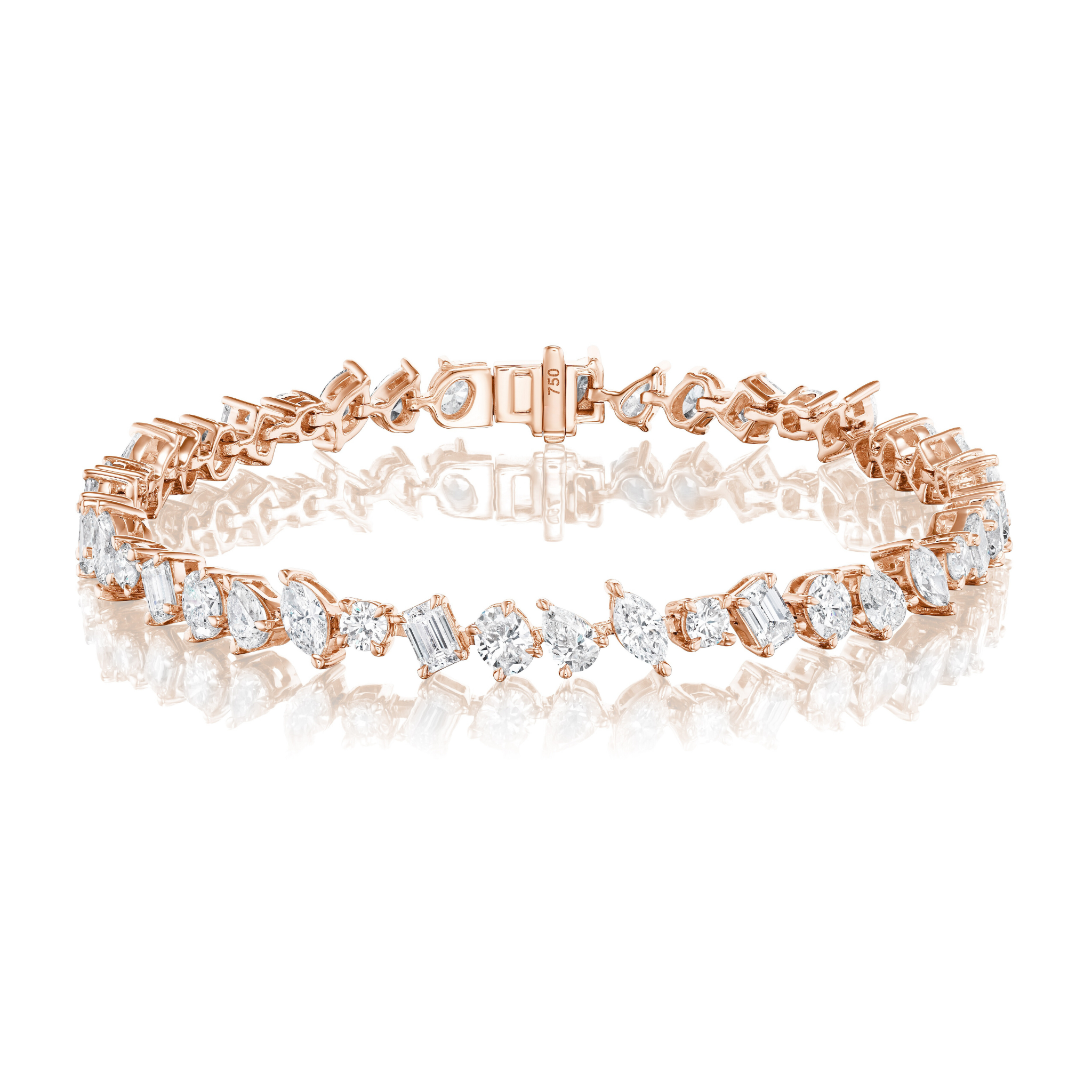 The Mixed Shape Diamond Tennis Bracelet features alternating round and marquise-cut diamonds set in rose gold, arranged seamlessly with a clasp closure and displayed on a reflective white surface.