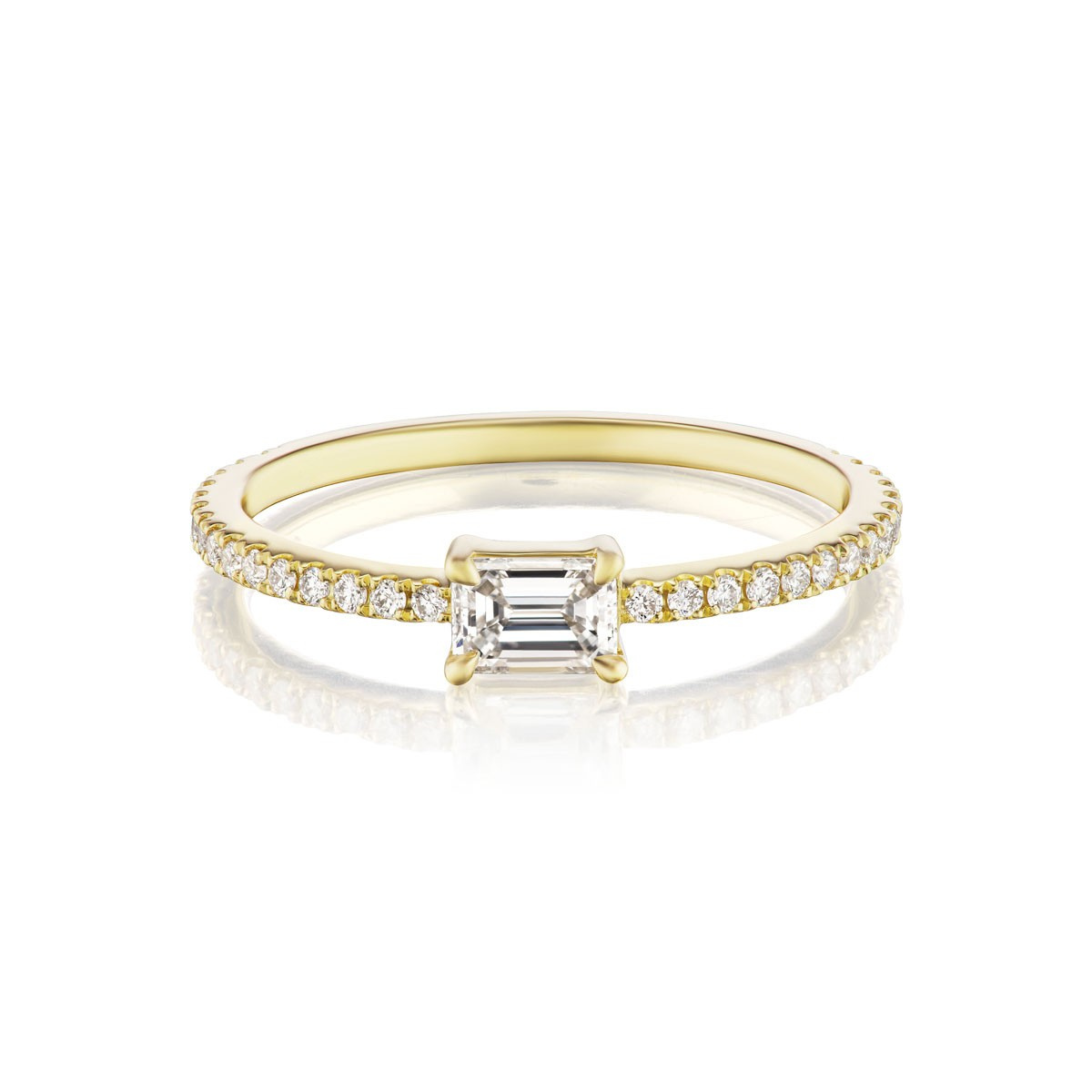 East-West Set Emerald Cut Diamond Ring with Pavé Band in Yellow Gold