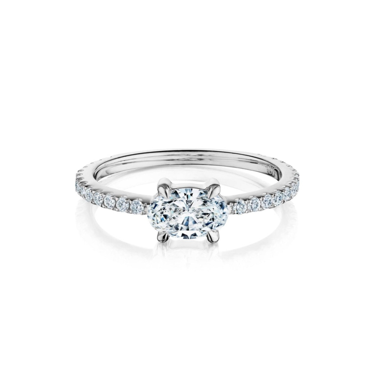 East-West Set Oval Diamond Ring with Pavé Band in White Gold