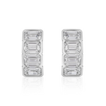 A pair of J Hoop earrings in 18K white gold, each showcasing five vertically stacked bracket bezel set emerald-cut diamonds, displayed on a white background.