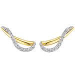The Coil Draped Crawler Diamond Earrings in Yellow Gold and Platinum feature a curved ear climber design adorned with a row of sparkling natural diamonds along the front.