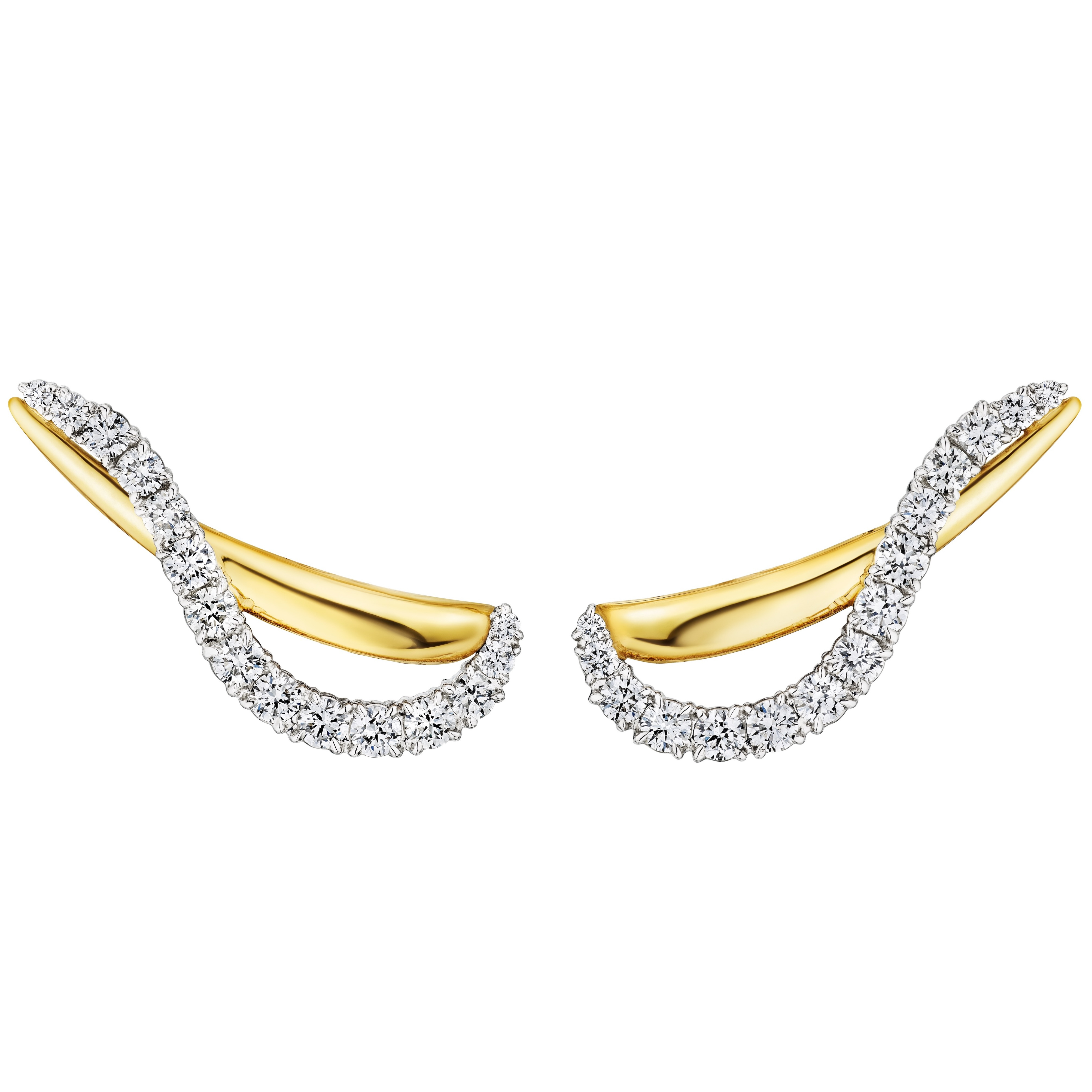 The Coil Draped Crawler Diamond Earrings in Yellow Gold and Platinum feature a curved ear climber design adorned with a row of sparkling natural diamonds along the front.