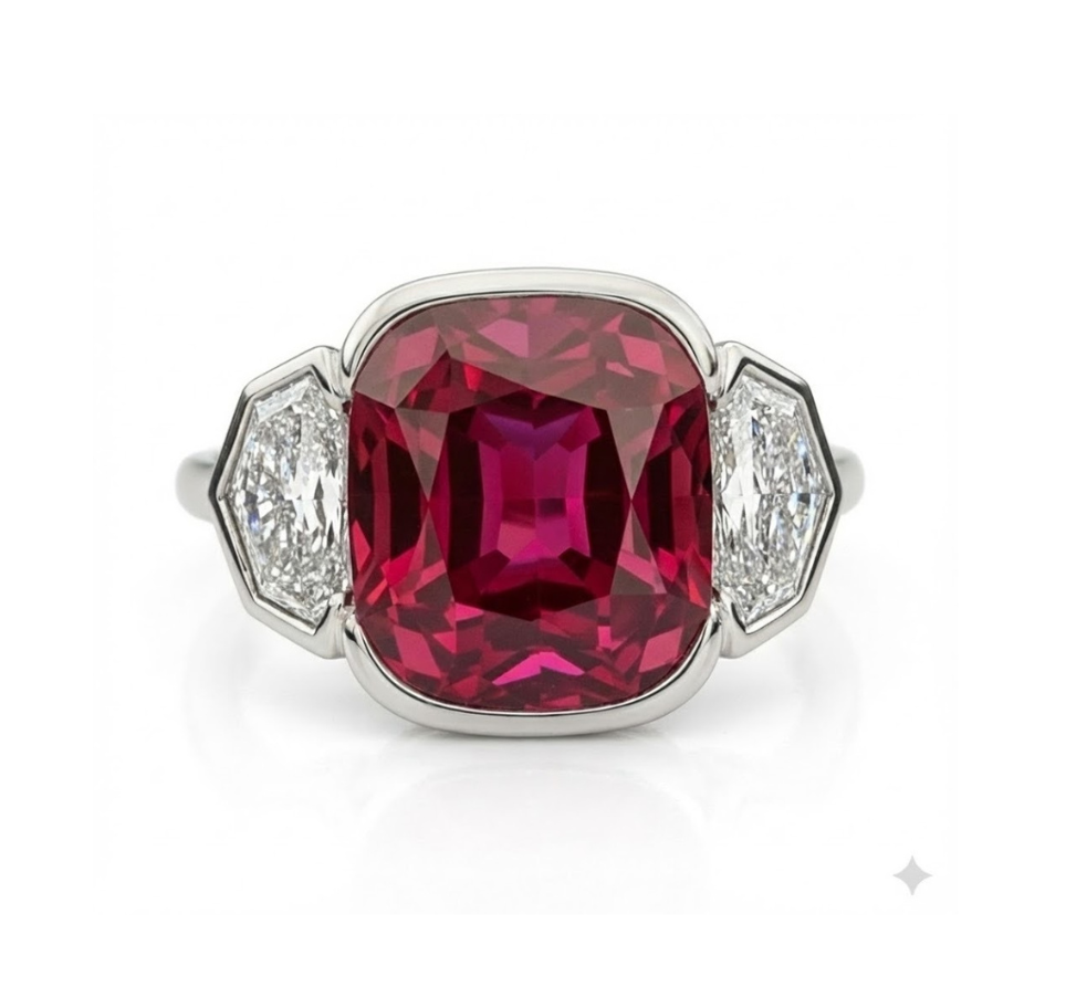 Half Bezel Set Cushion Ruby Three Stone Ring with Epaulette Diamond Side Stones in White Gold