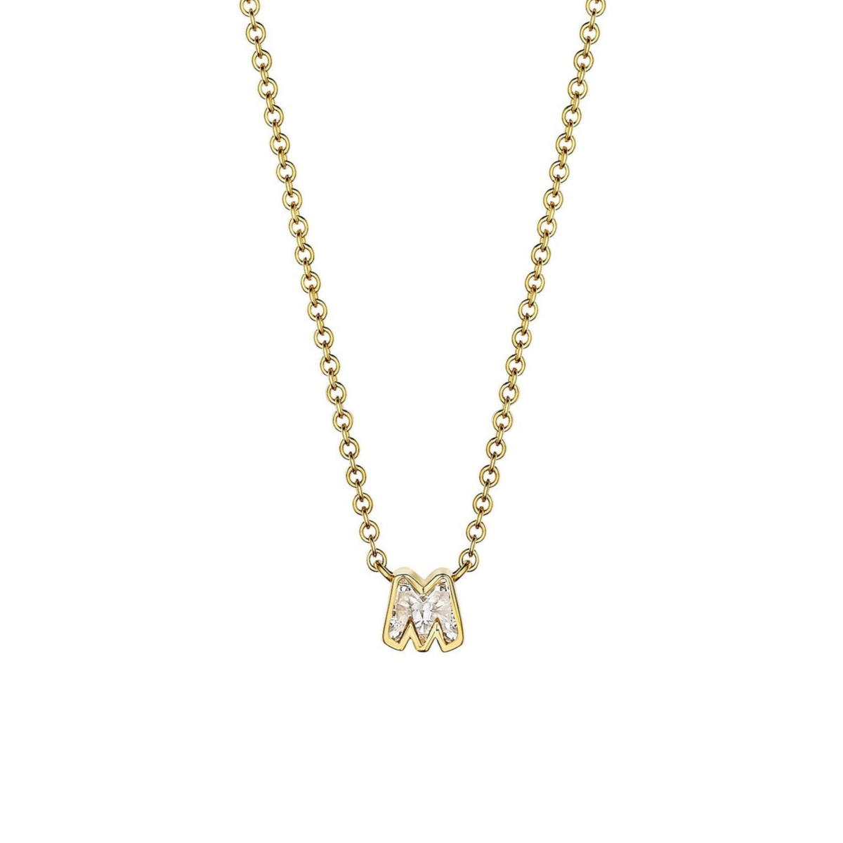 Bezel Set 'M' Diamond Letter Pendant Necklace in Yellow Gold