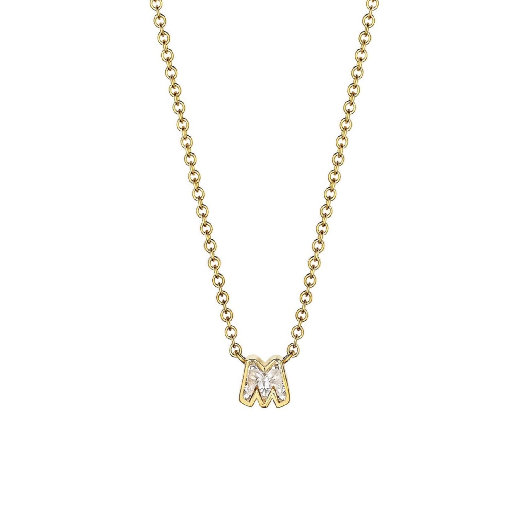 Bezel Set 'M' Diamond Letter Pendant Necklace in Yellow Gold