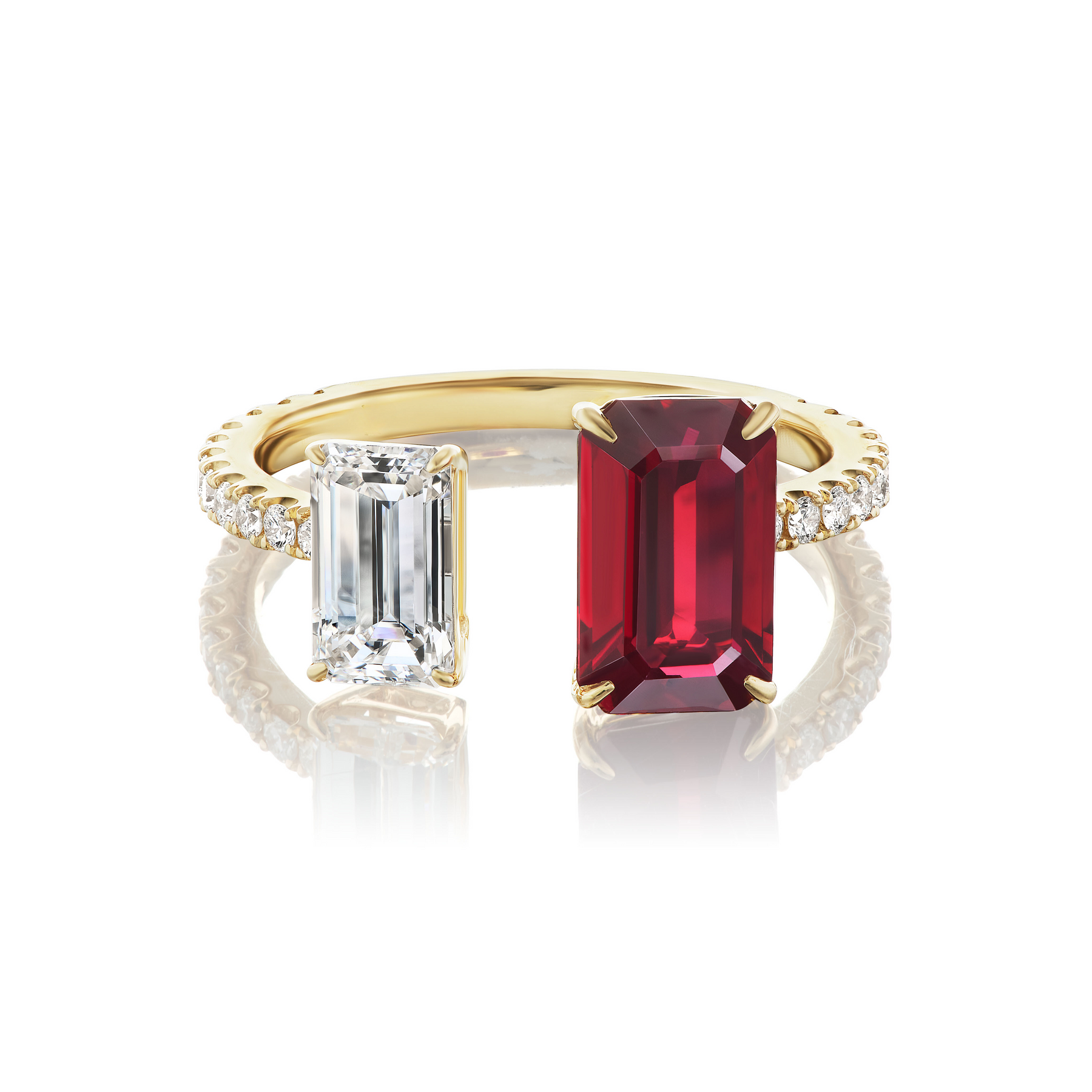 Toi et Moi Pavé Ring with Emerald Cut Ruby and Diamond