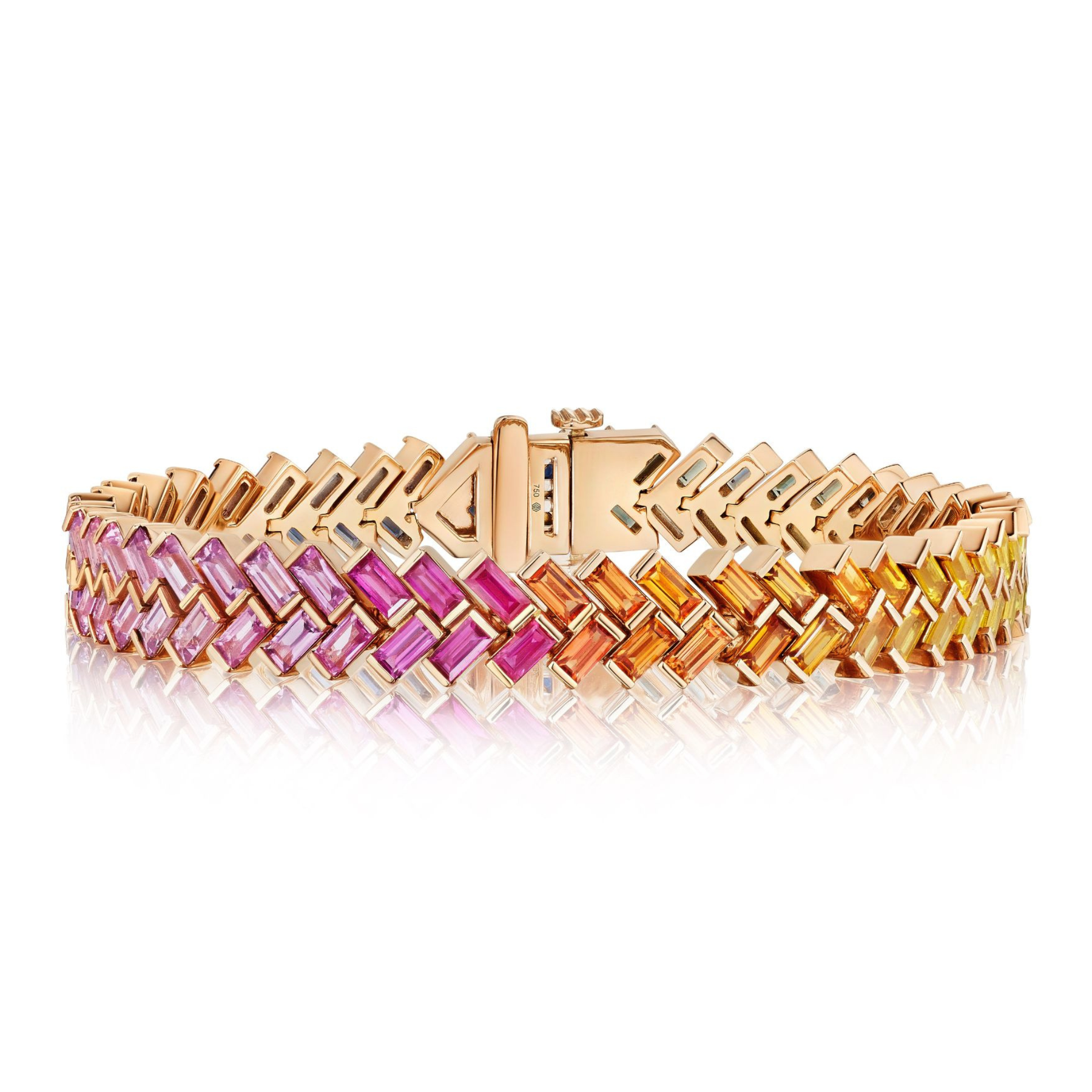 Half Bezel Set Rainbow Sapphire Chevron Tennis Bracelet in Rose Gold