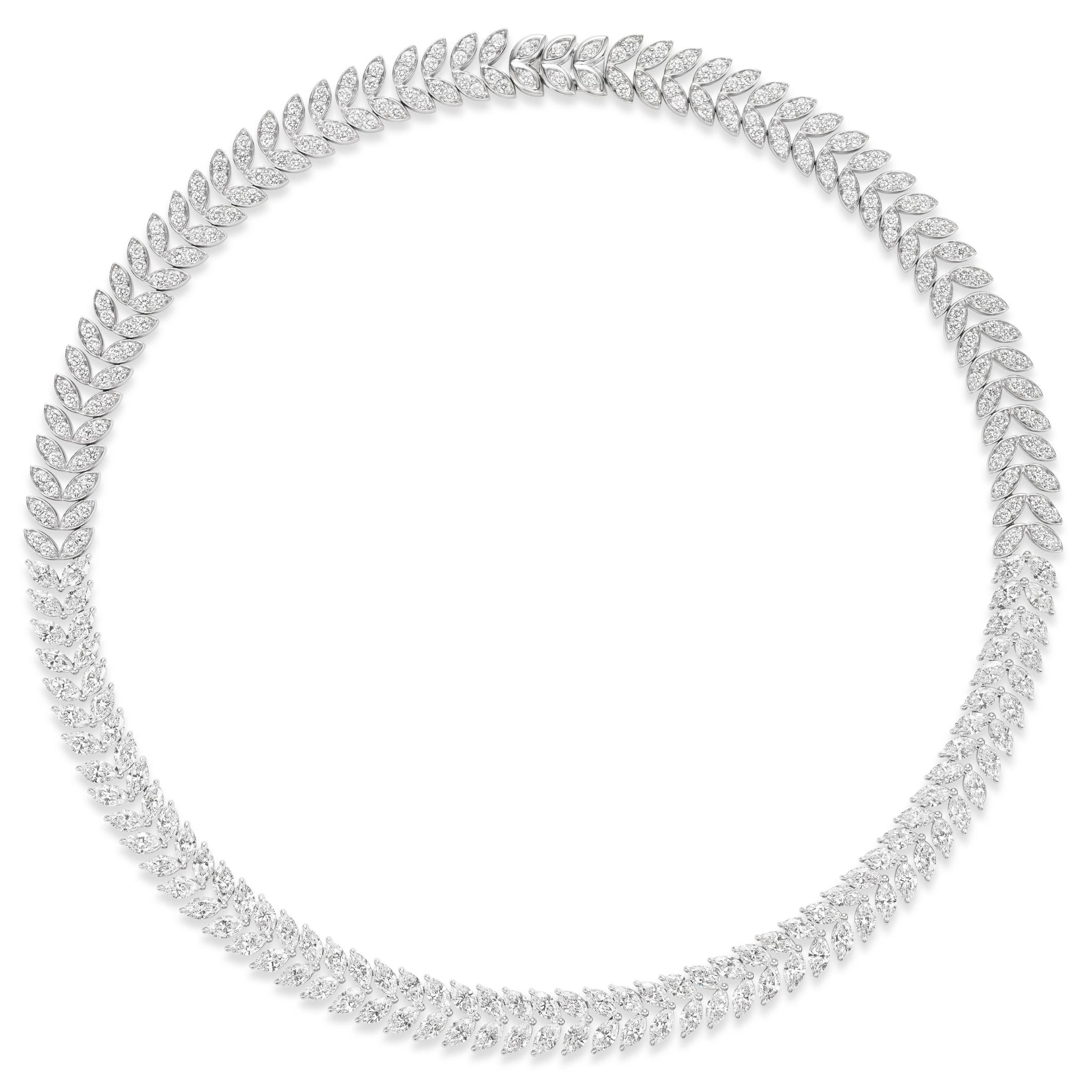 The Marquise Floral Tennis Necklace in White Gold features linked leaf-shaped SI clarity diamonds in a repeating elegant pattern, crafted from 18k white gold for a refined and symmetrical look.