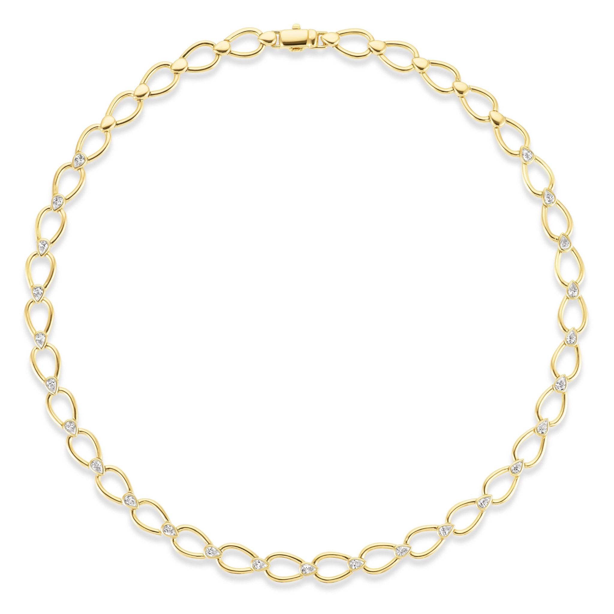 The Pear Shape Link Necklace features bezel set pear shape diamonds in yellow gold, arranged along interlocking links for an elegant design.