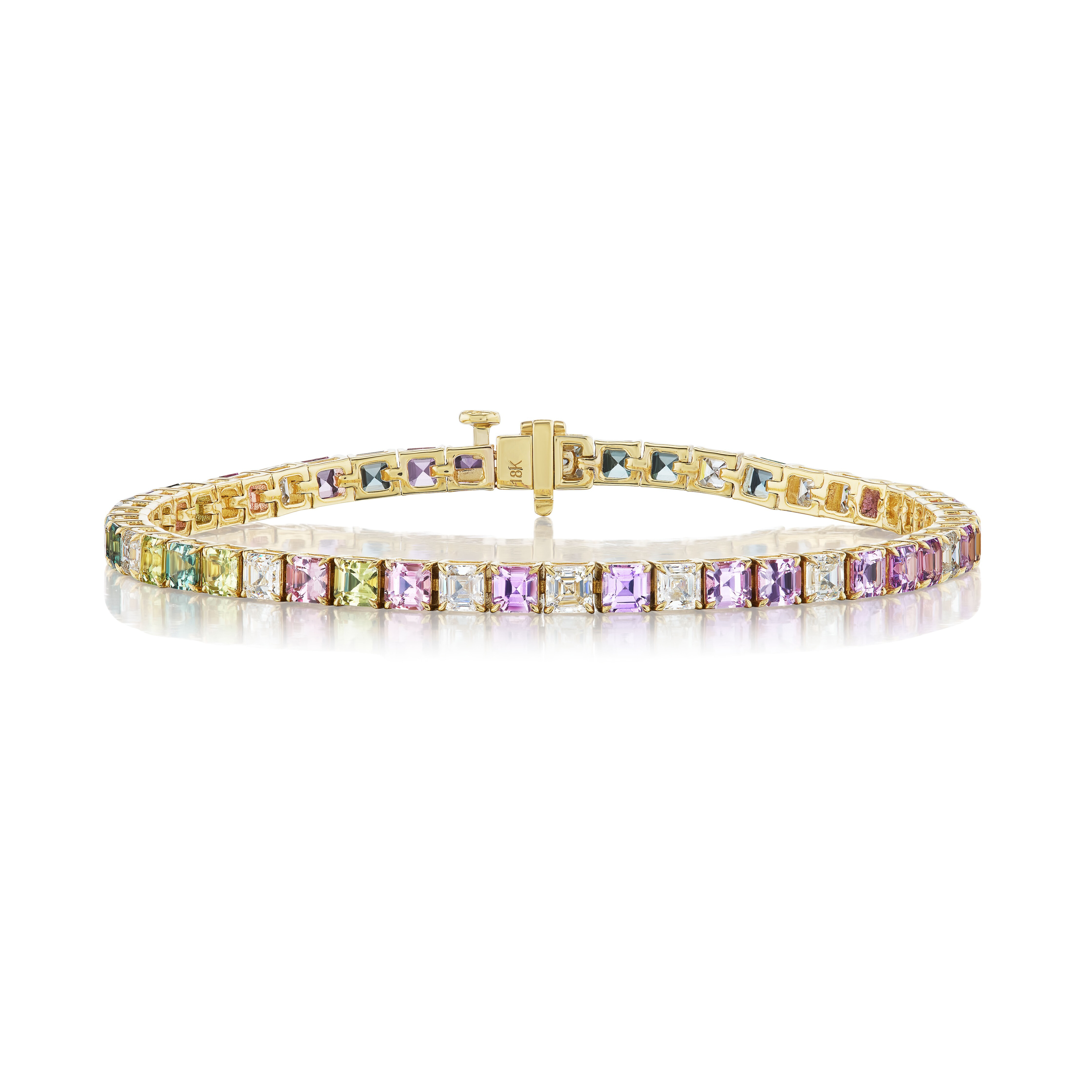 The Multicolor Asscher Cut Diamond and Sapphire Tennis Bracelet in Yellow Gold features pastel sapphires and diamonds set in 18K yellow gold, shown against a white background.